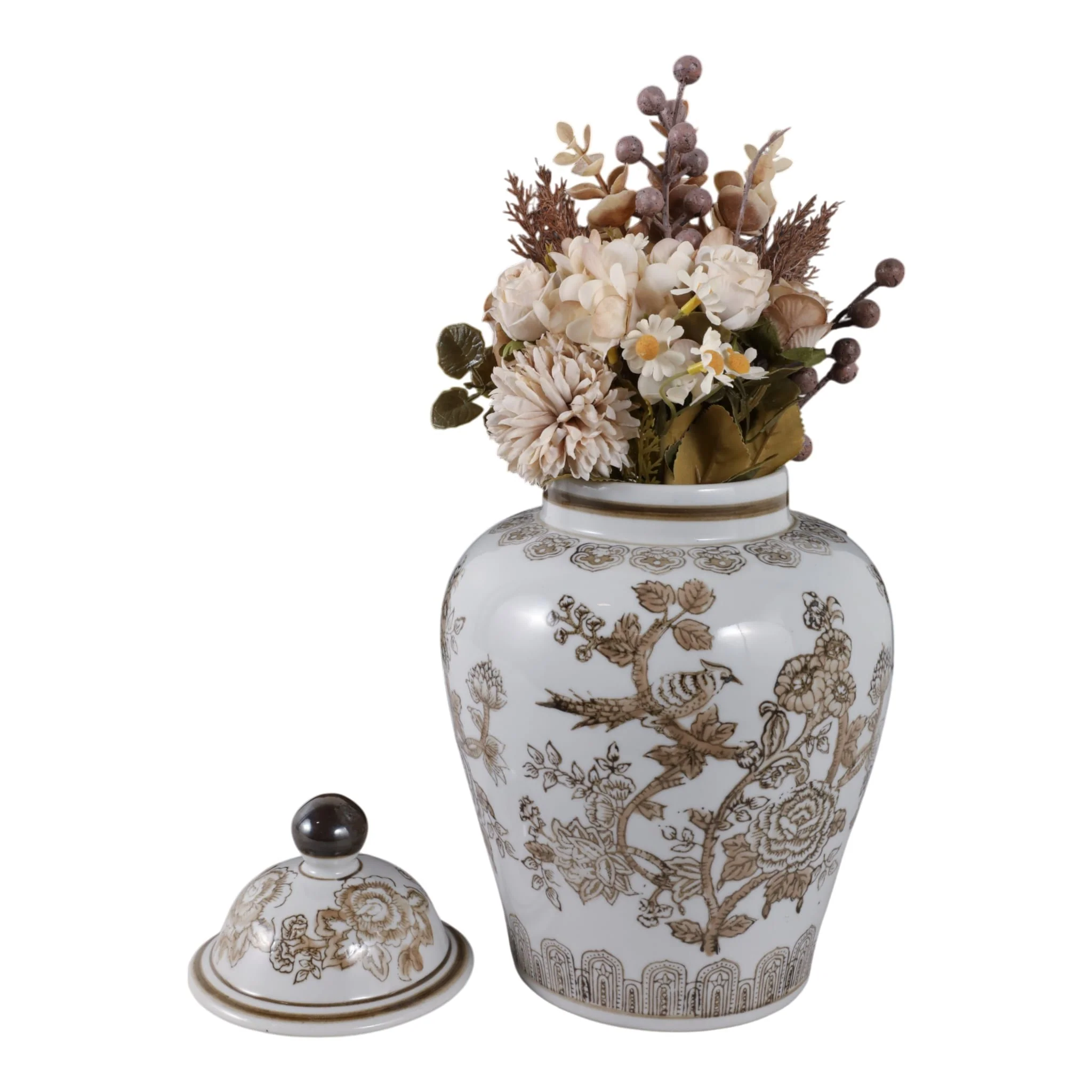 12x7" Chinoiserie Bird & Vines Temple Jar,brwn/wht - Image 2