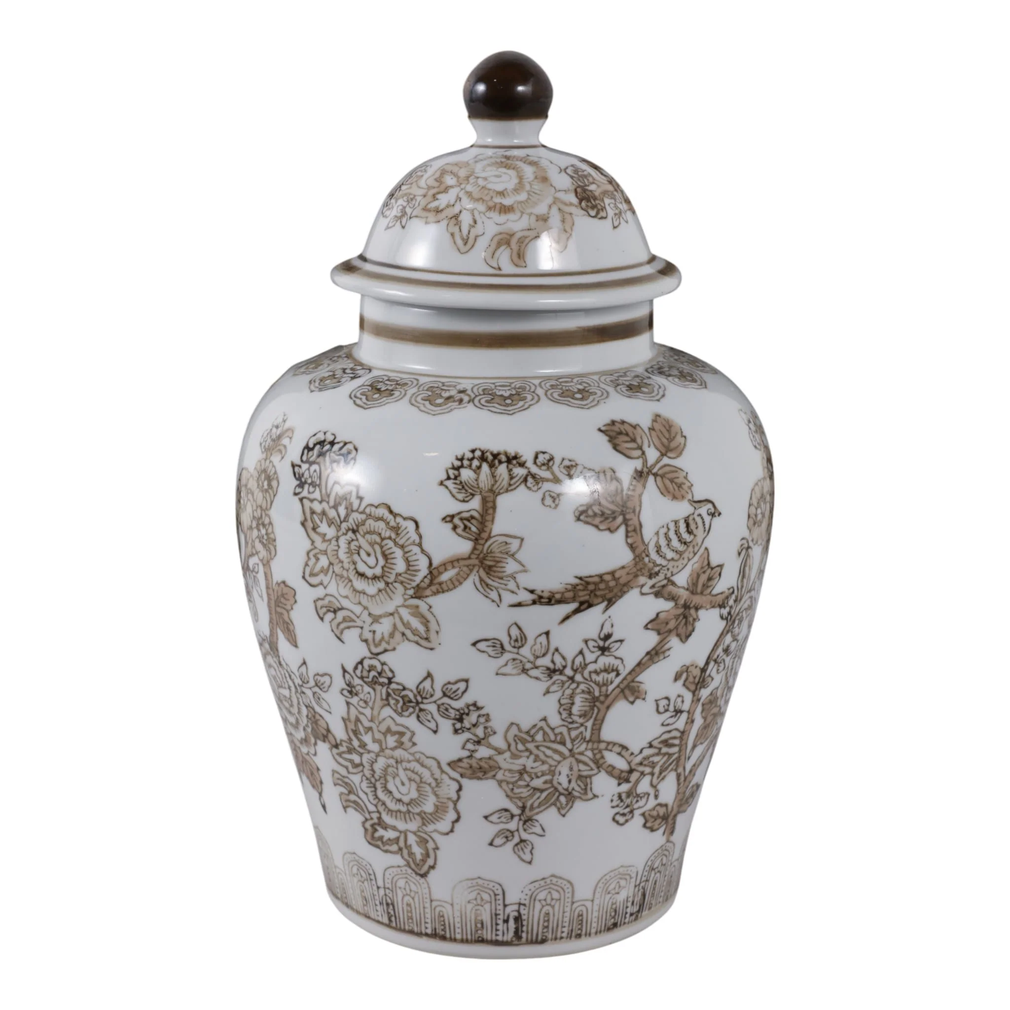 12x7" Chinoiserie Bird & Vines Temple Jar,brwn/wht - Image 4