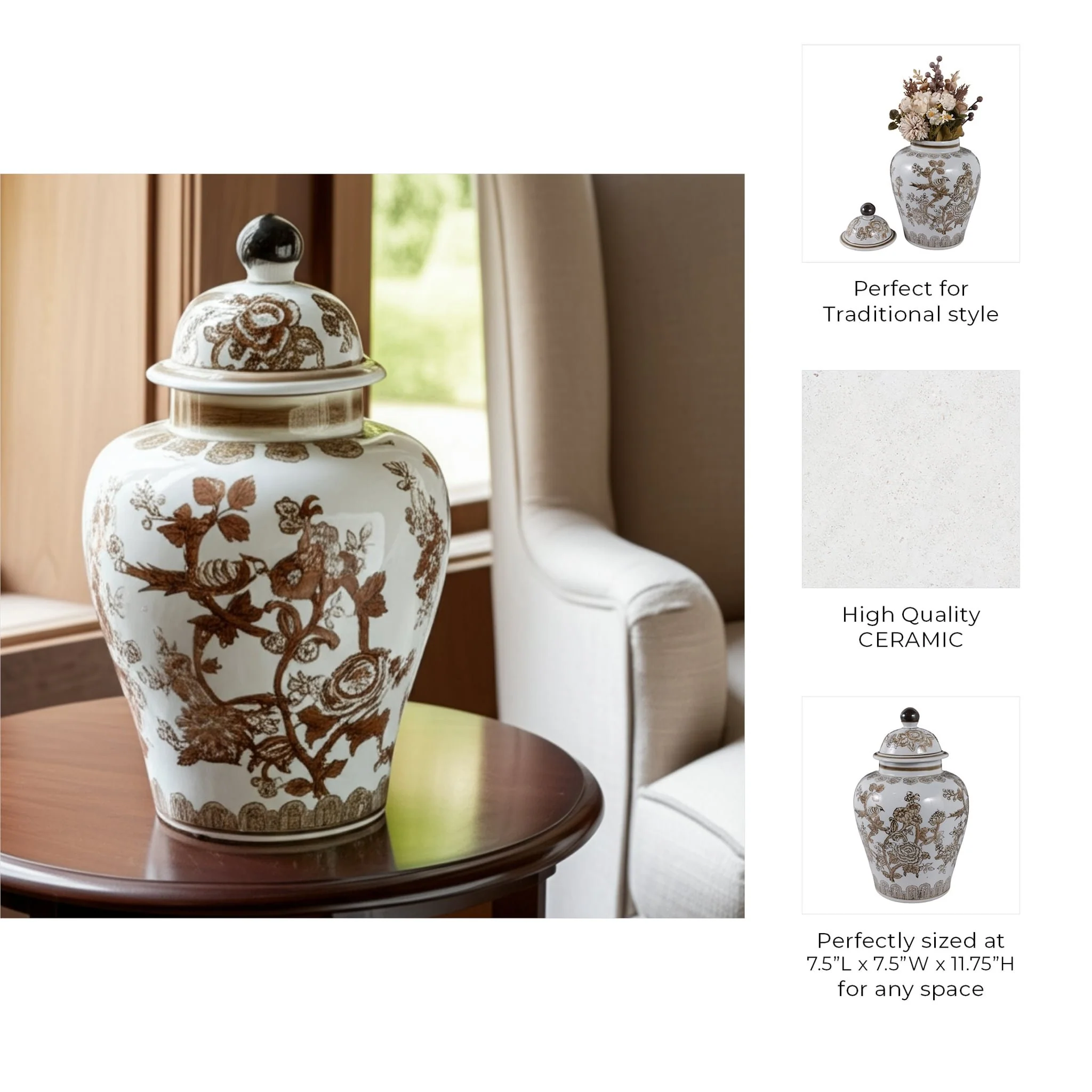 12x7" Chinoiserie Bird & Vines Temple Jar,brwn/wht - Image 9