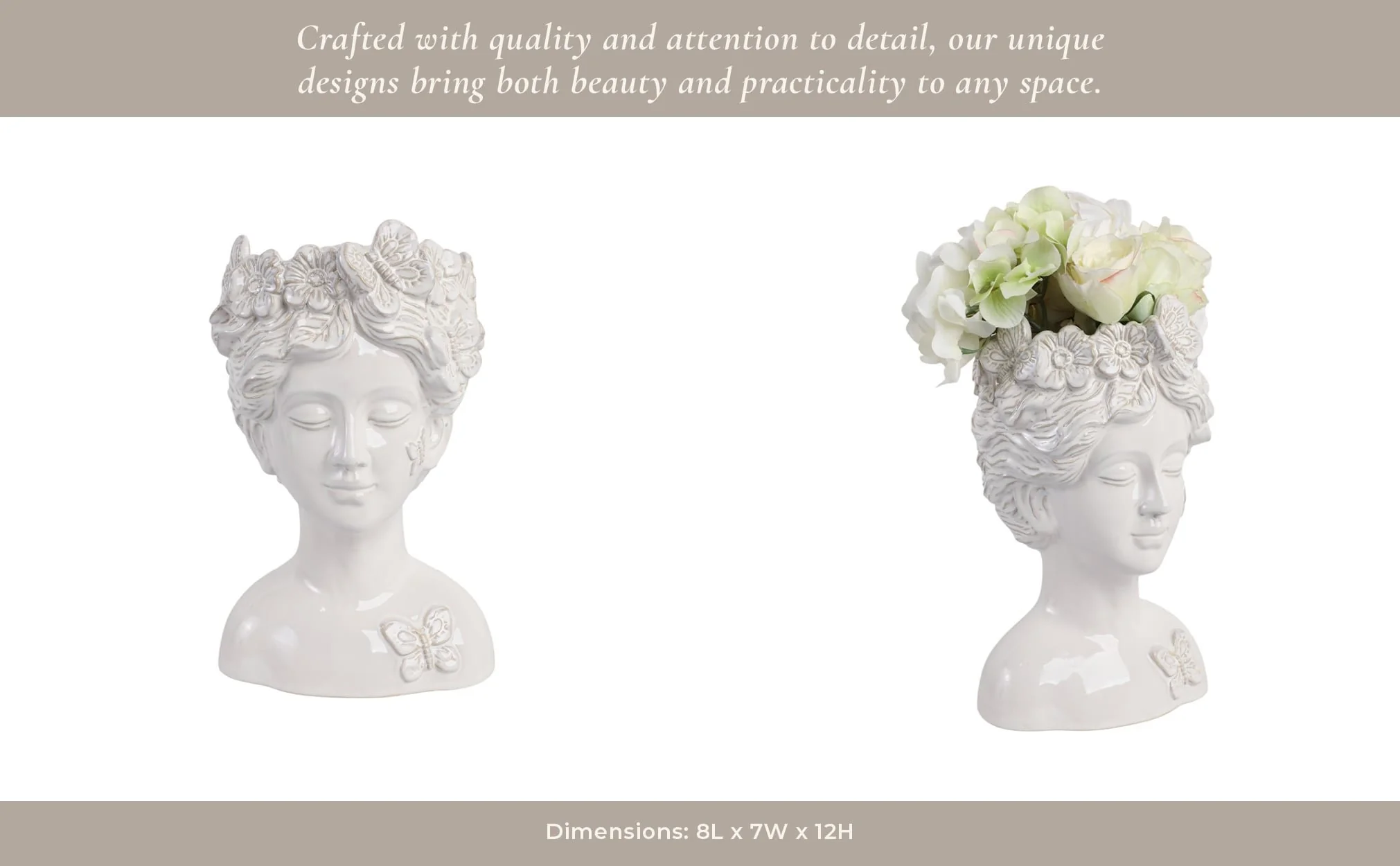12x8" Flower & Butterfly Crown Lady Planter, Ivory - Image 10