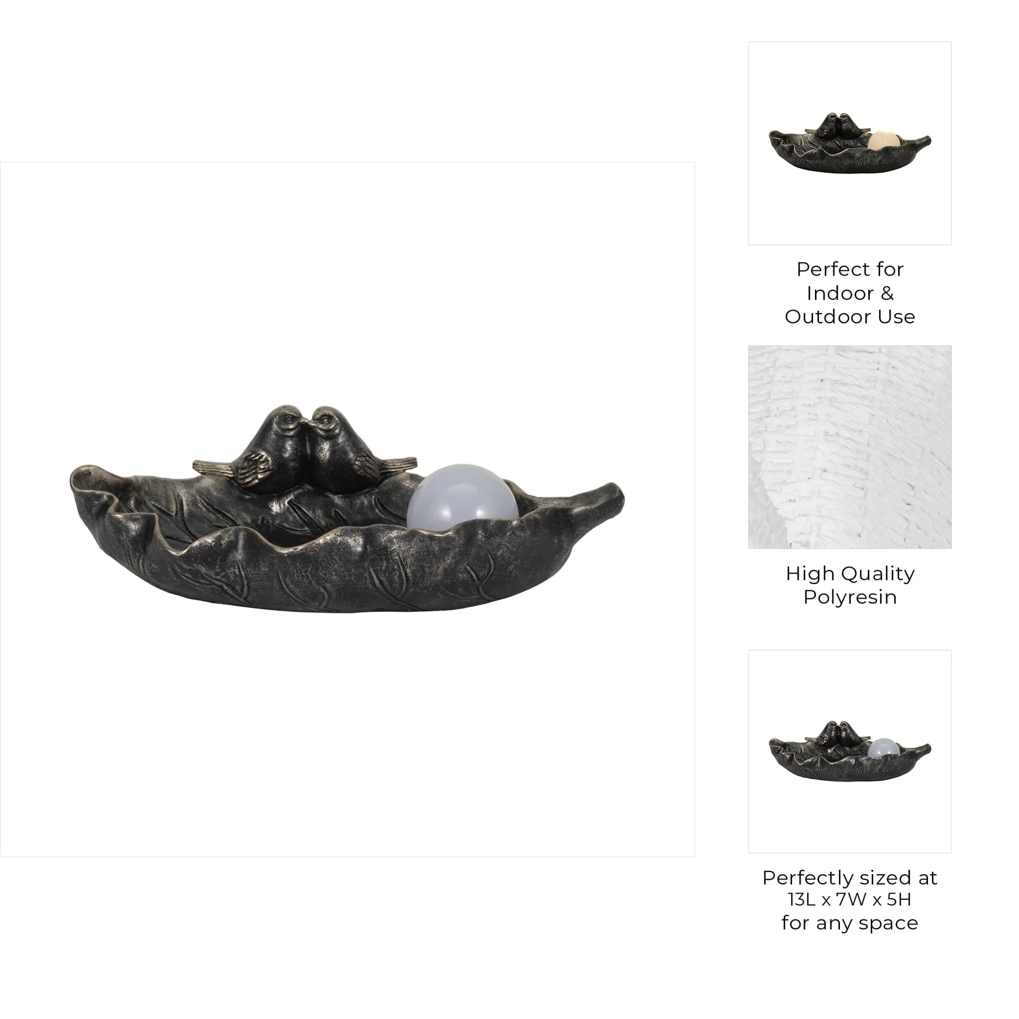 13" Birdbath With Solar Orb, Bronze - Image 10