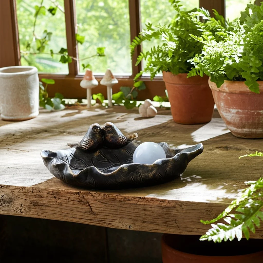 13" Birdbath With Solar Orb, Bronze - Image 11