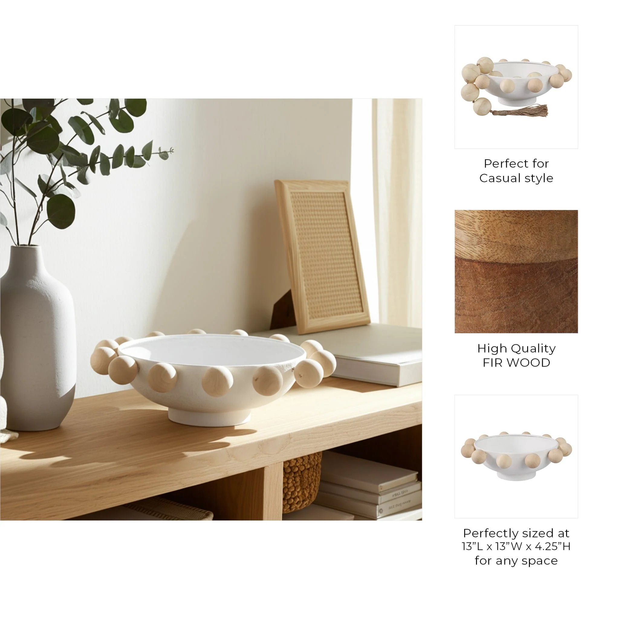 13" Bowl With Large Wooden Knobs, White - Image 10