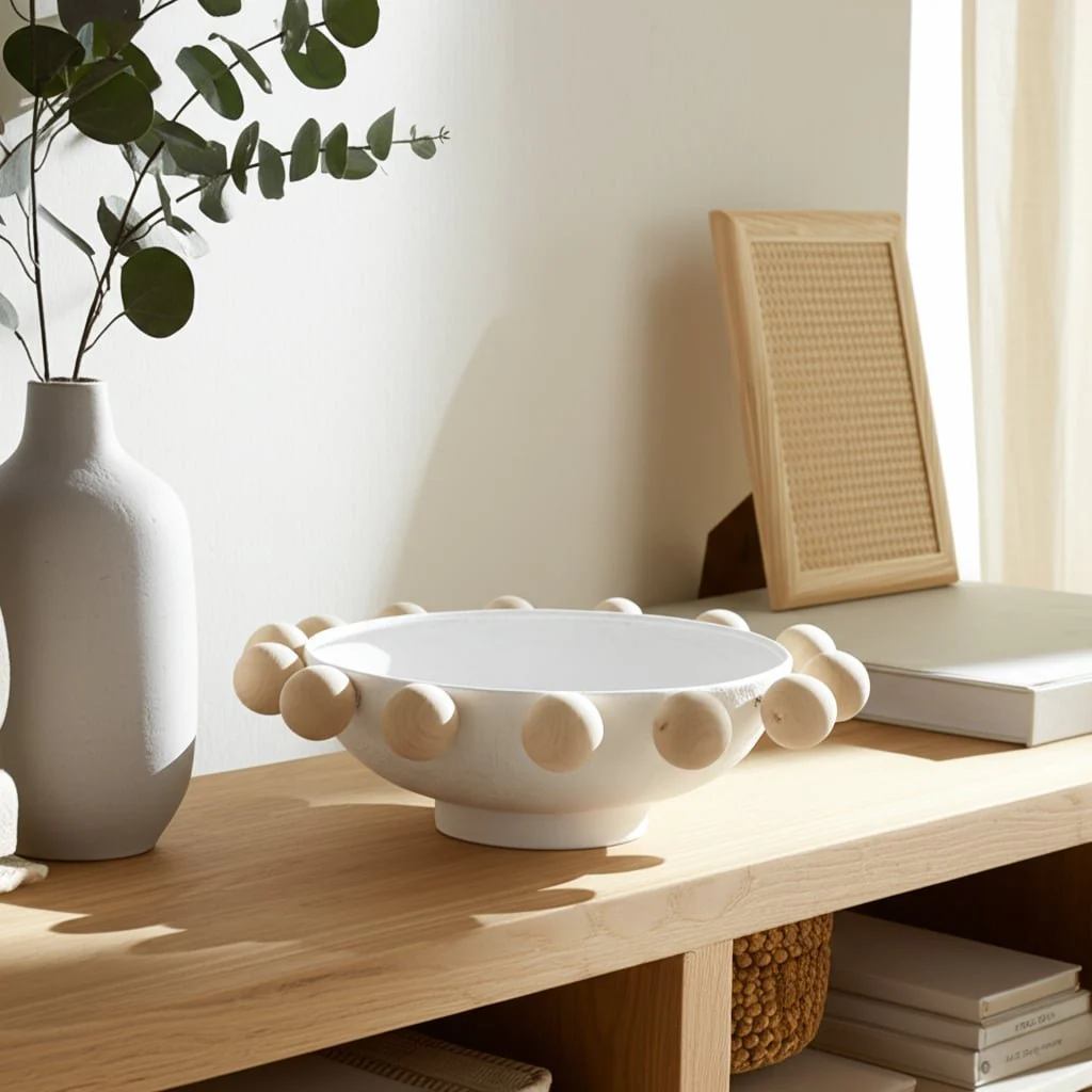 13" Bowl With Large Wooden Knobs, White - Image 11