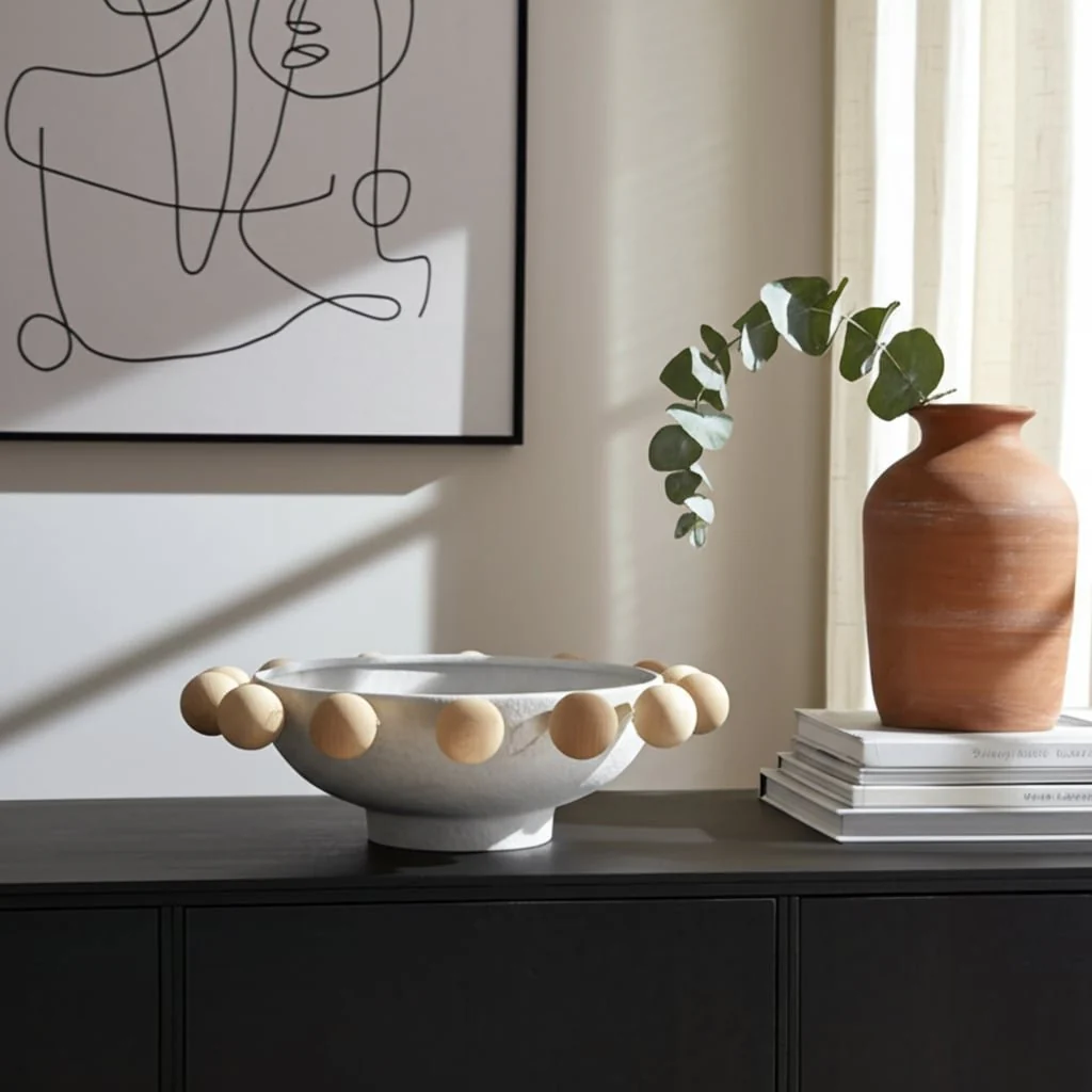 13" Bowl With Large Wooden Knobs, White - Image 12