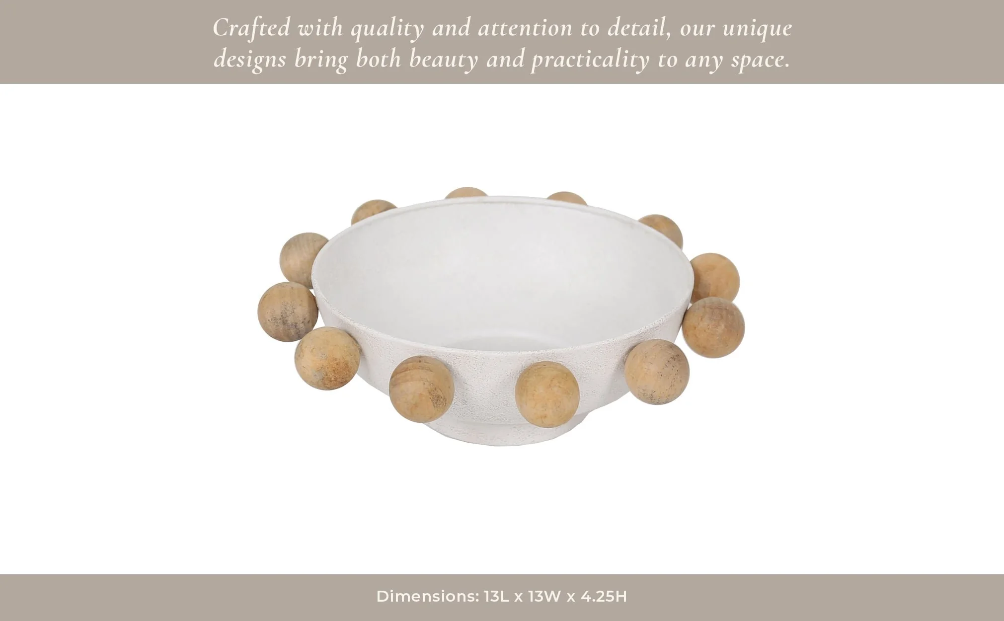 13" Bowl With Large Wooden Knobs, White - Image 15