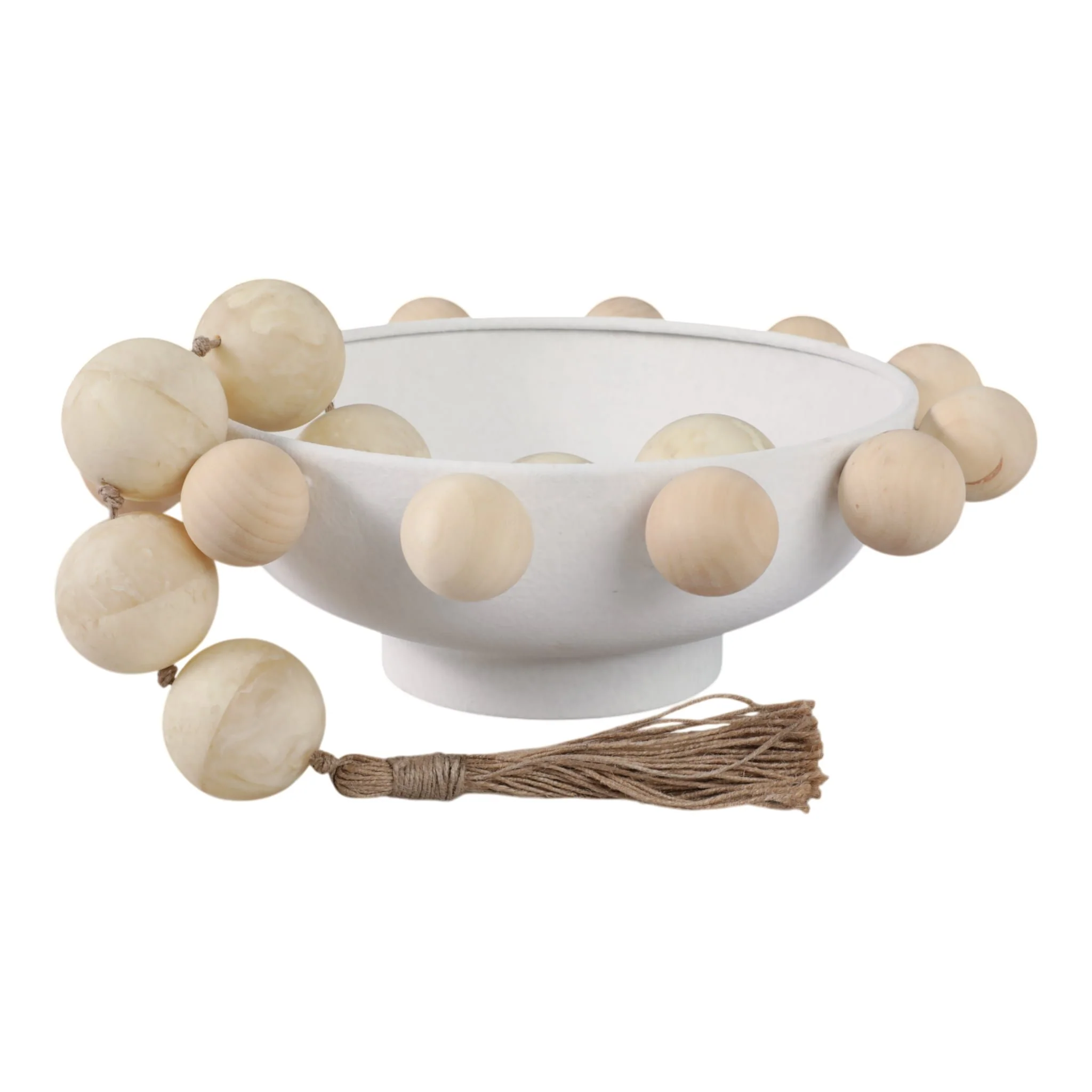 13" Bowl With Large Wooden Knobs, White - Image 2