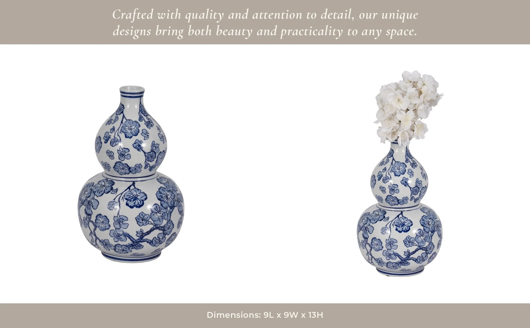 13" Cherry Blossom Chinoiserie Gourd Vase, Blue/wh - Image 12