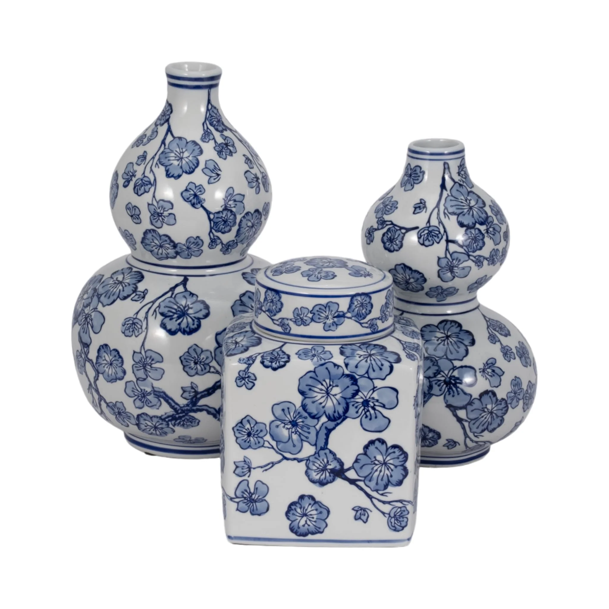 13" Cherry Blossom Chinoiserie Gourd Vase, Blue/wh - Image 7