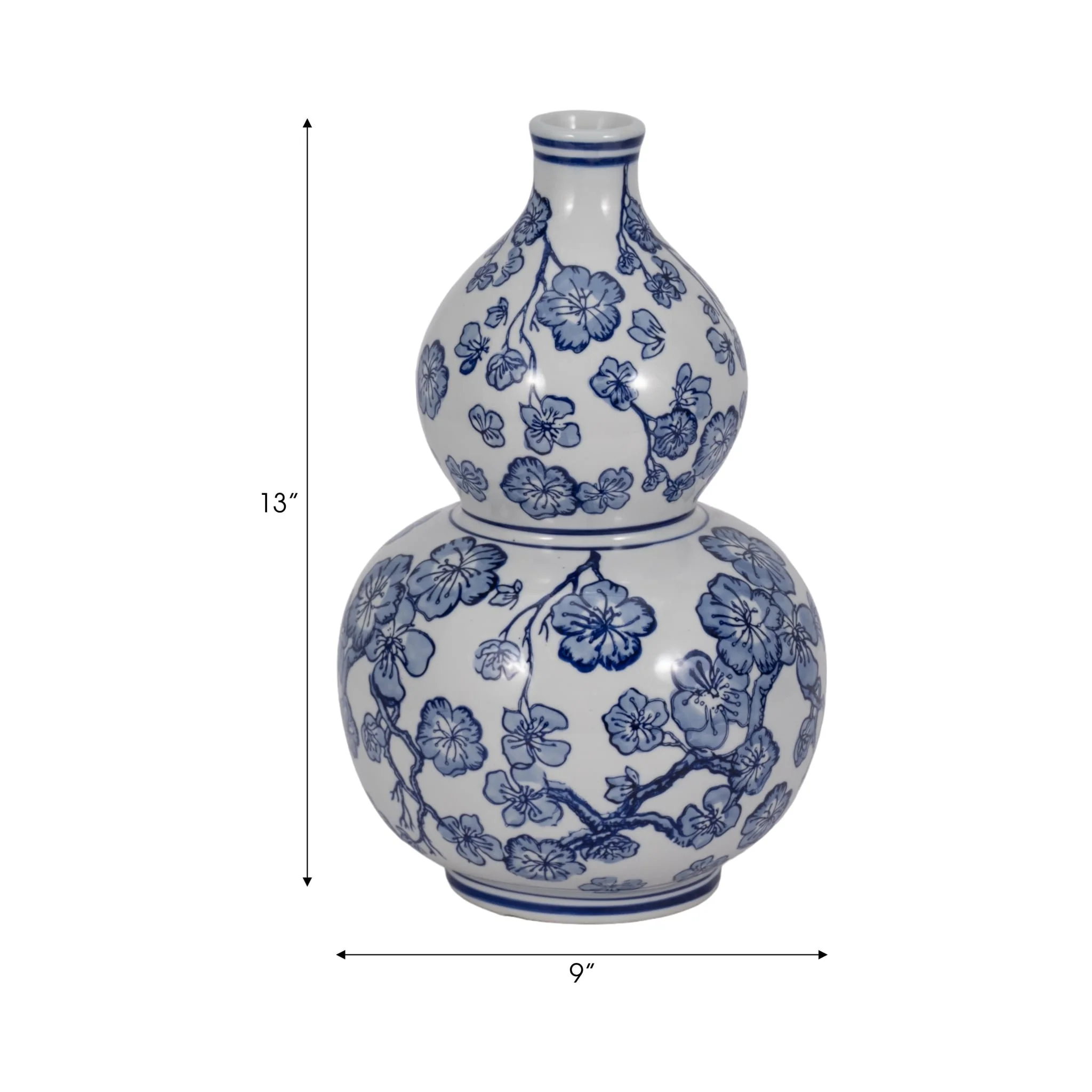 13" Cherry Blossom Chinoiserie Gourd Vase, Blue/wh - Image 8