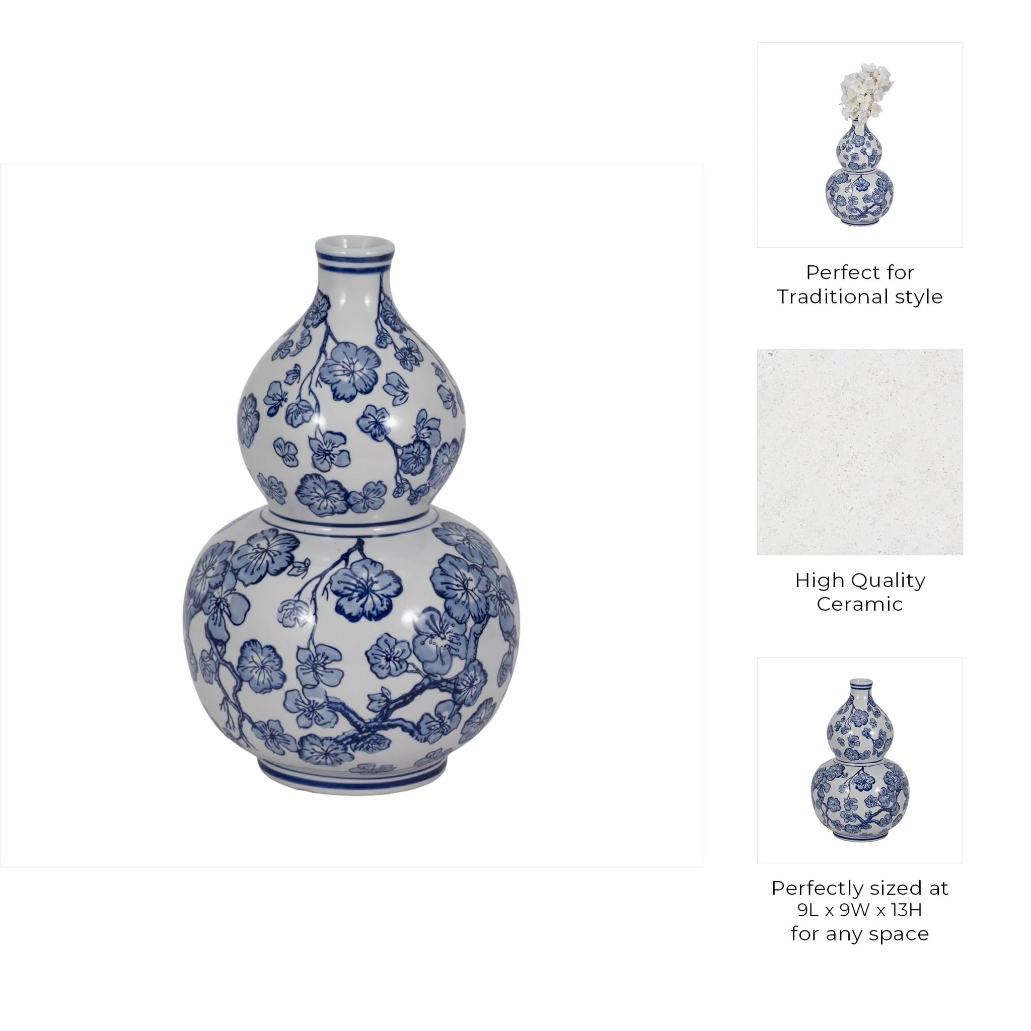 13" Cherry Blossom Chinoiserie Gourd Vase, Blue/wh - Image 9