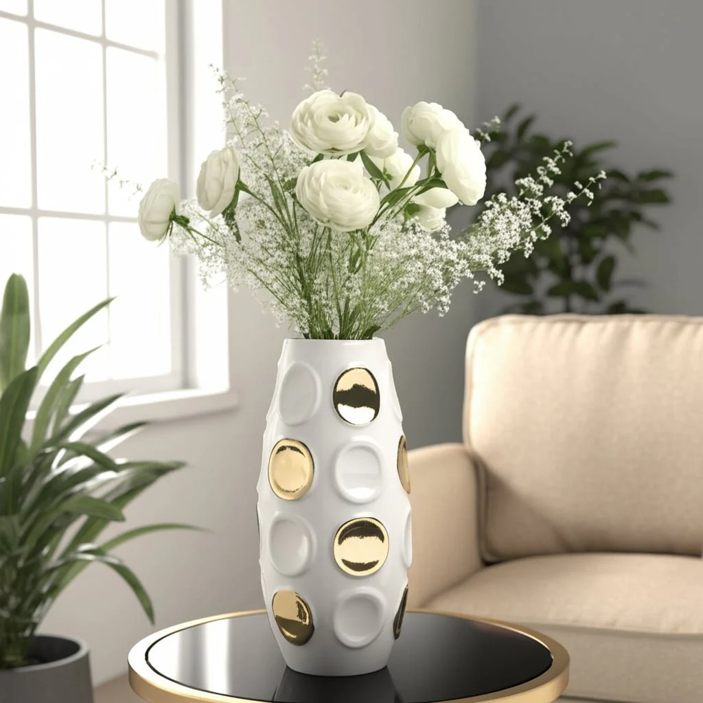 13" Circle Embossed Vase, White/gold - Image 12