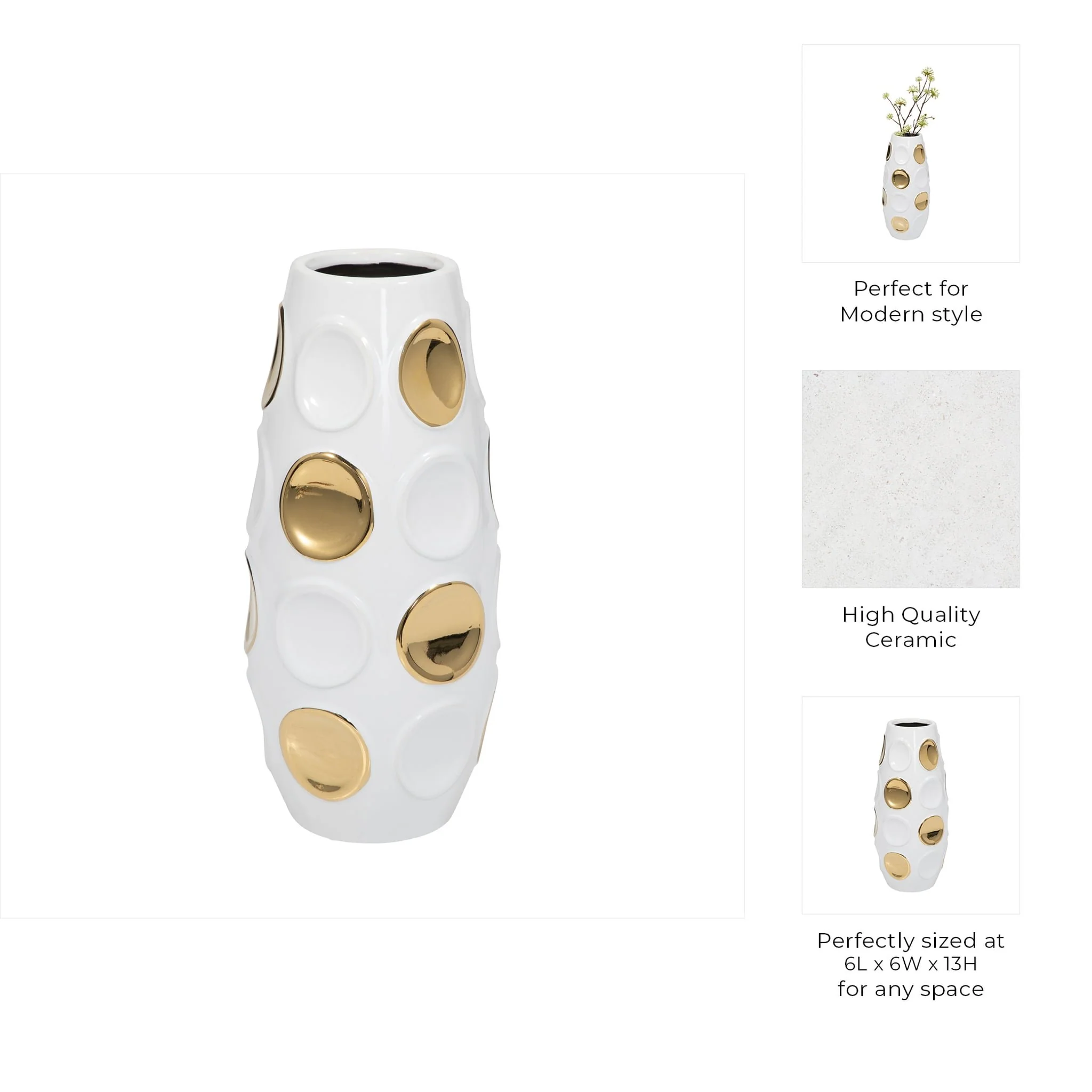 13" Circle Embossed Vase, White/gold - Image 9