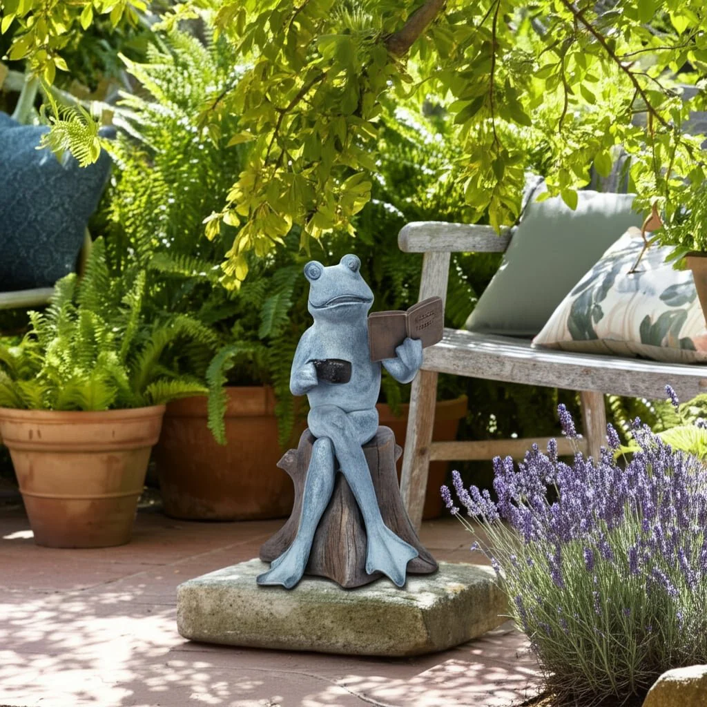 13" Frog On Stump With Book And Coffee, Multi - Image 10