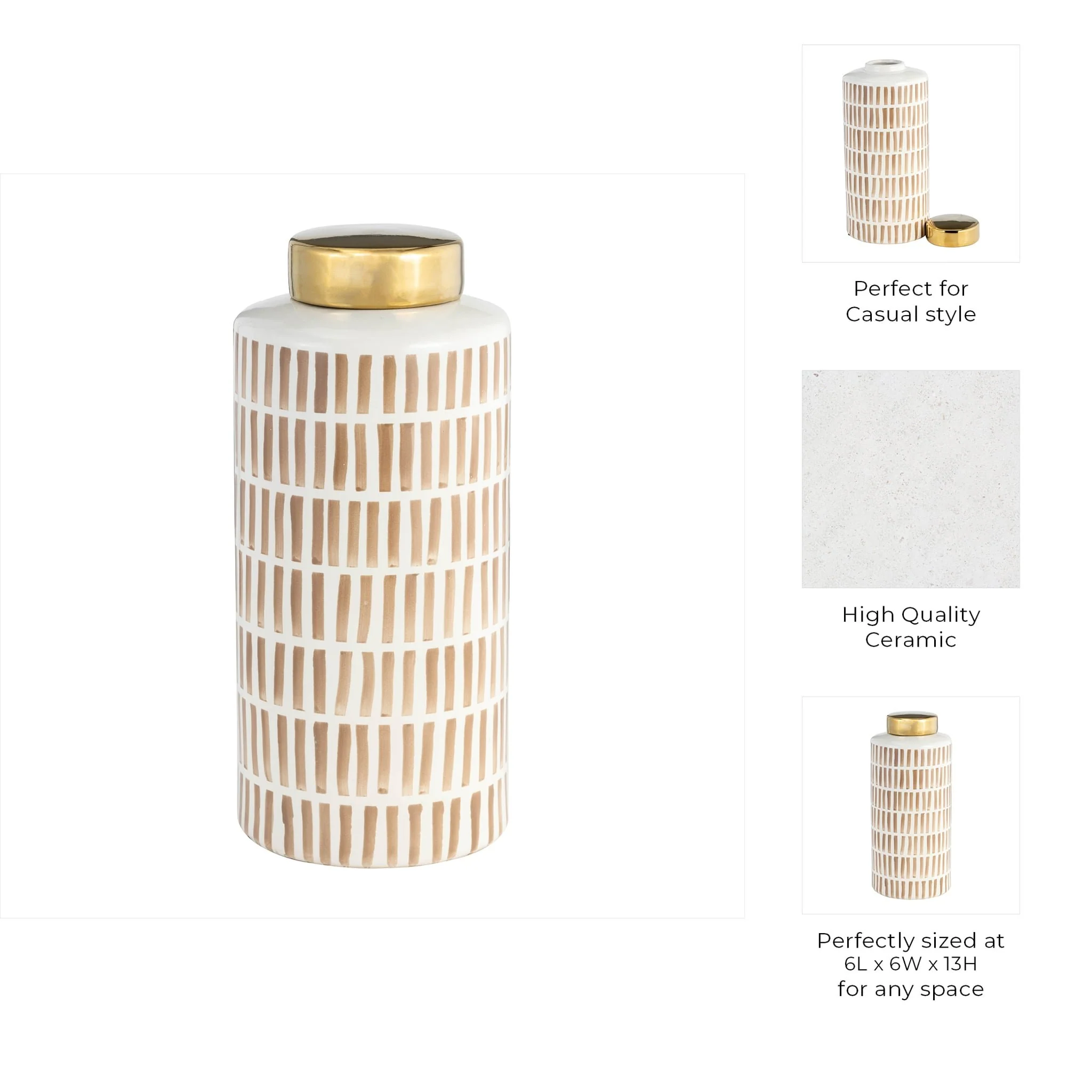 13" Jar W/ Gold Lid, Tan - Image 10