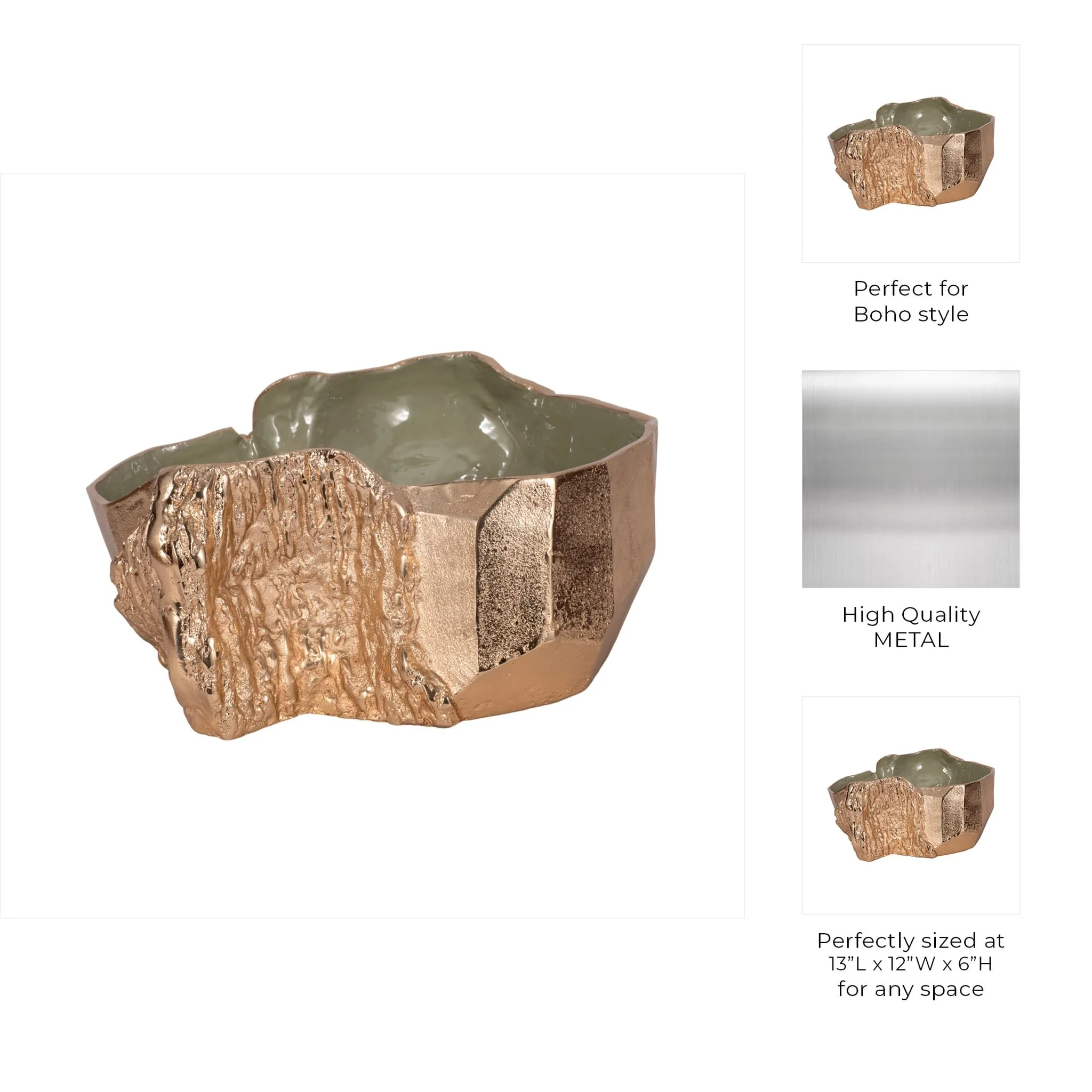 13" Metal Trunk Bowl With Color Inside, Gold/green - Image 10