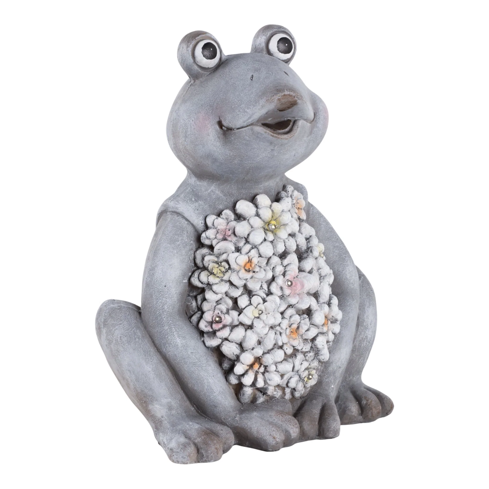 13x10" Sitting Frog With Solar Flowers, Grey Multi - Image 2