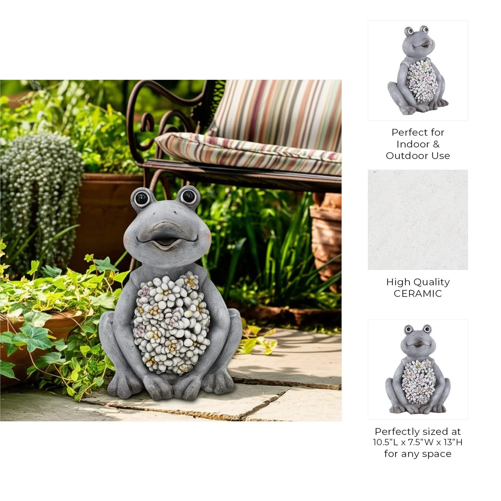 13x10" Sitting Frog With Solar Flowers, Grey Multi - Image 9