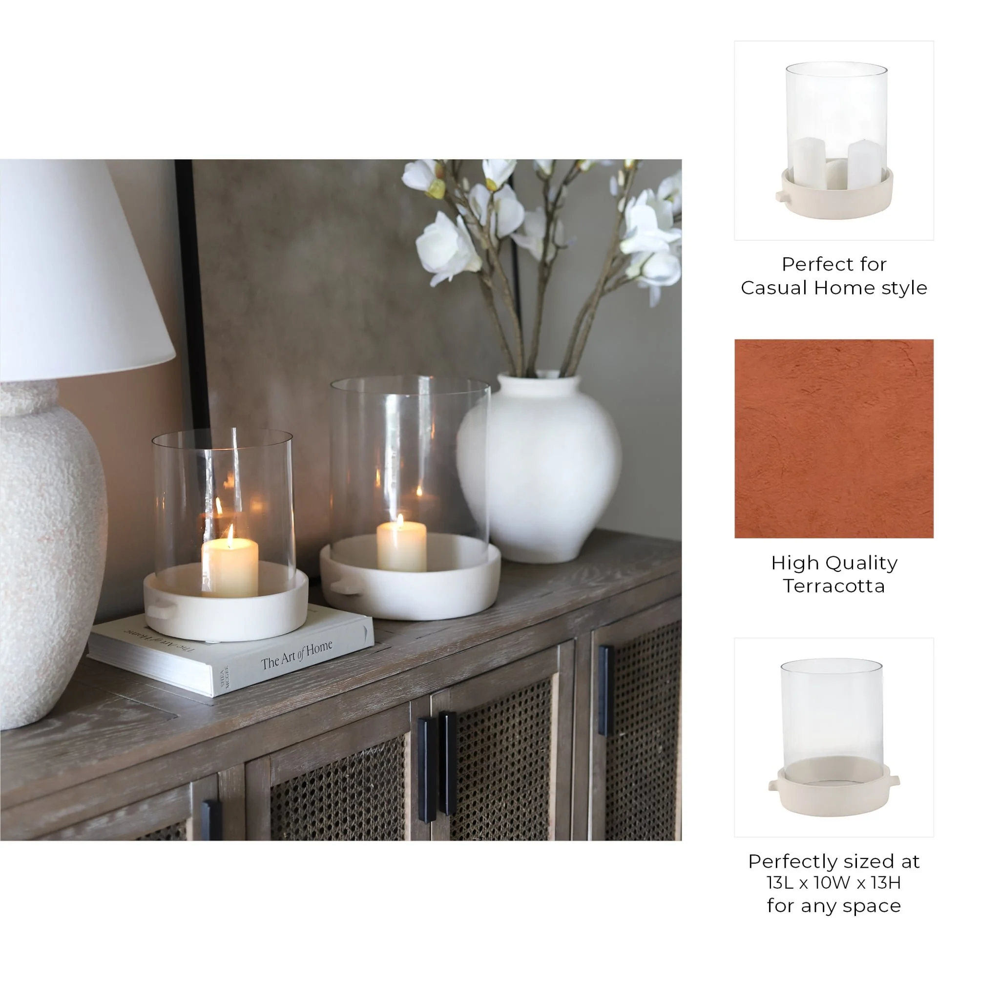 13x13" Terracotta Hurricane Pillar Holder, White - Image 9