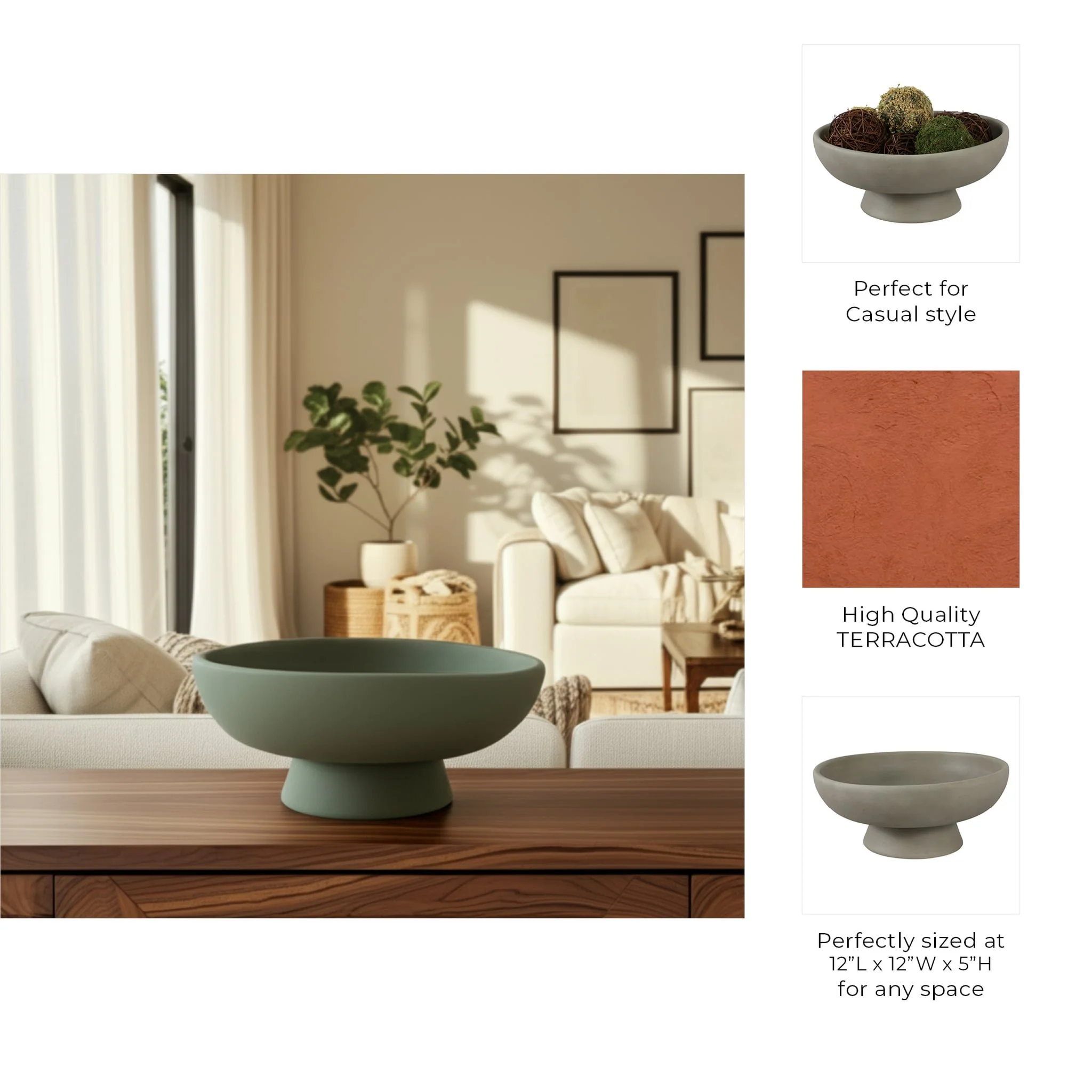 13x5" Terracotta Bowl On Pedestal, Sage Green - Image 9