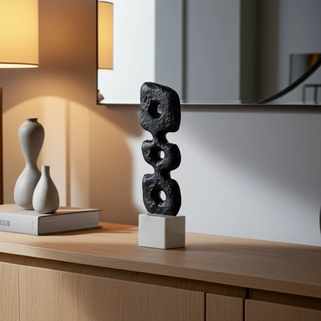 14" Abstract Totem Sculpture  Marble Base, Black/w - Image 10