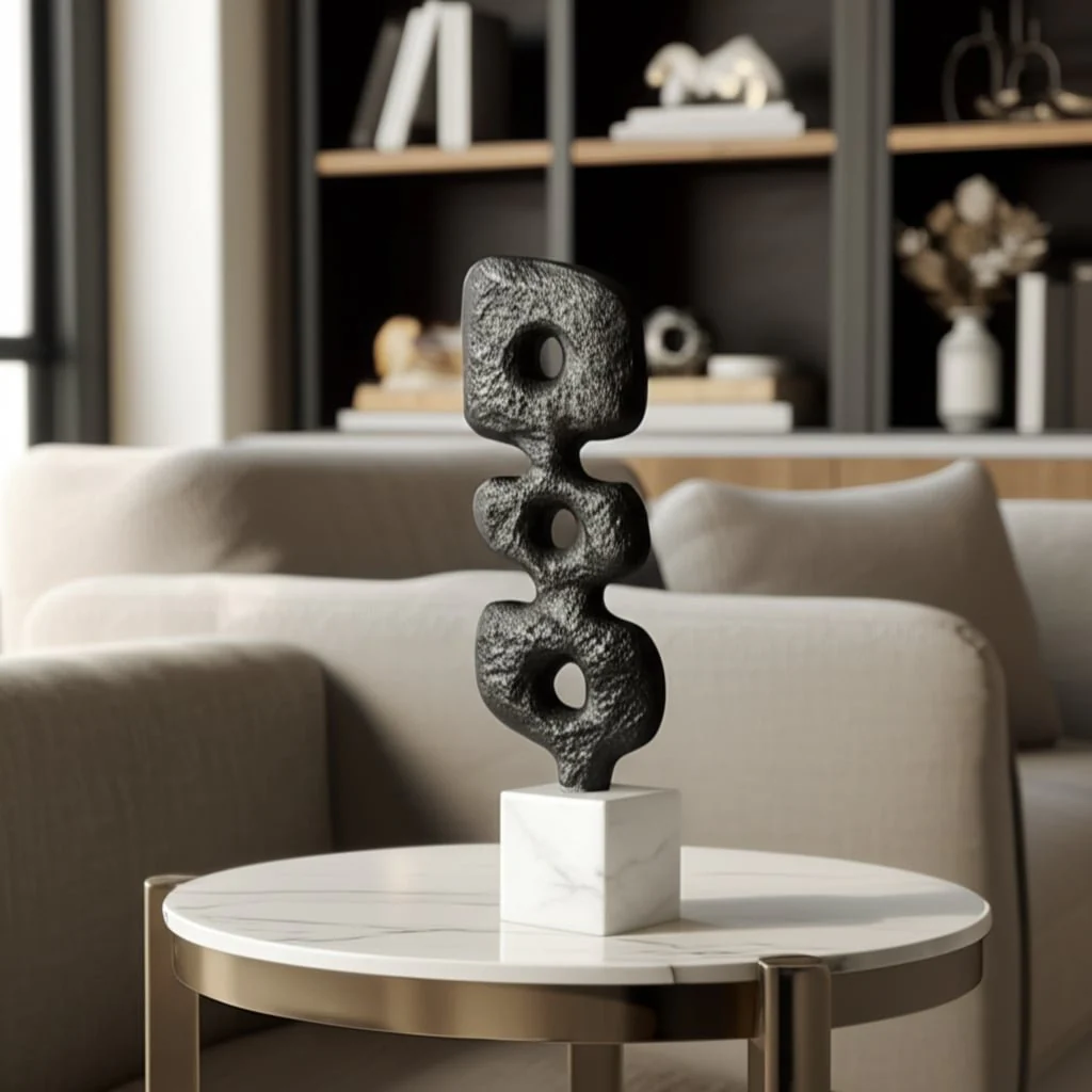 14" Abstract Totem Sculpture  Marble Base, Black/w - Image 13