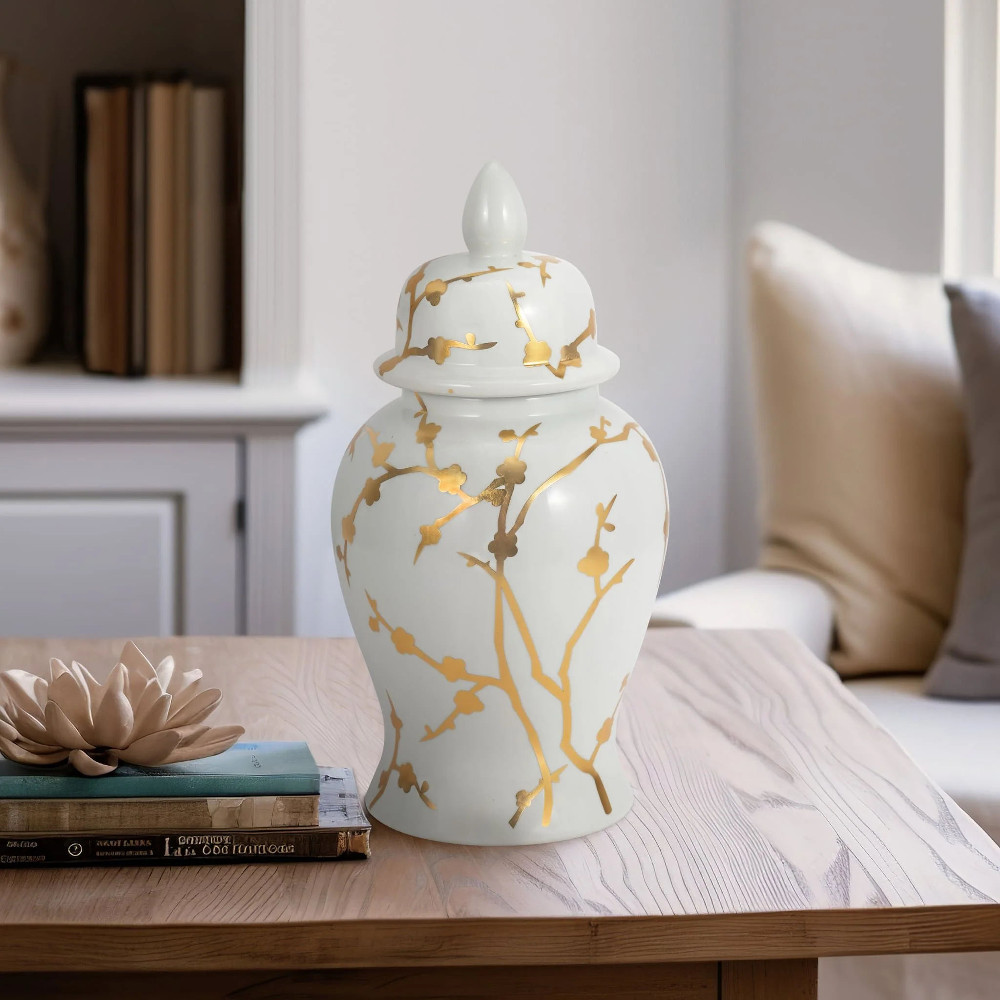 14" Gold Cherry Blossom Temple Jar, White - Image 10