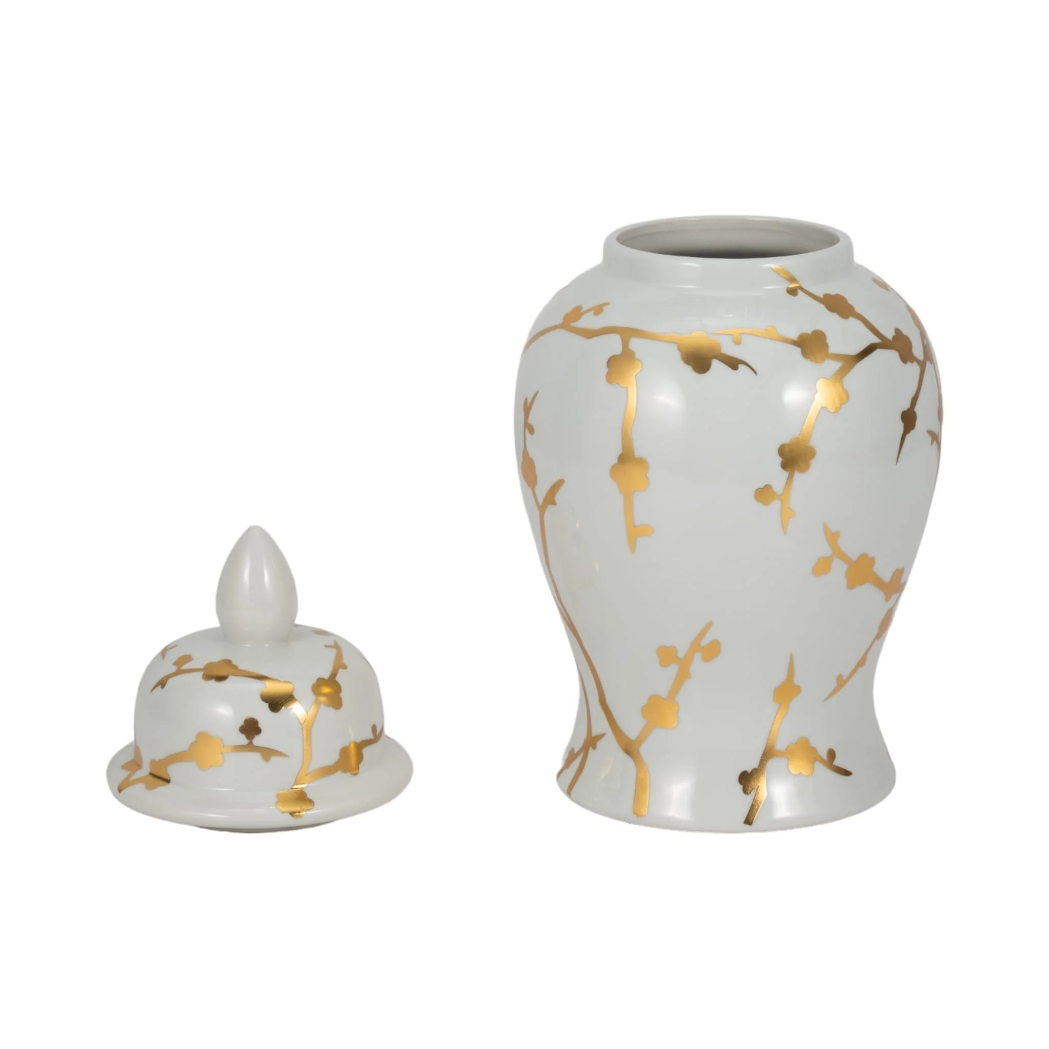 14" Gold Cherry Blossom Temple Jar, White - Image 4