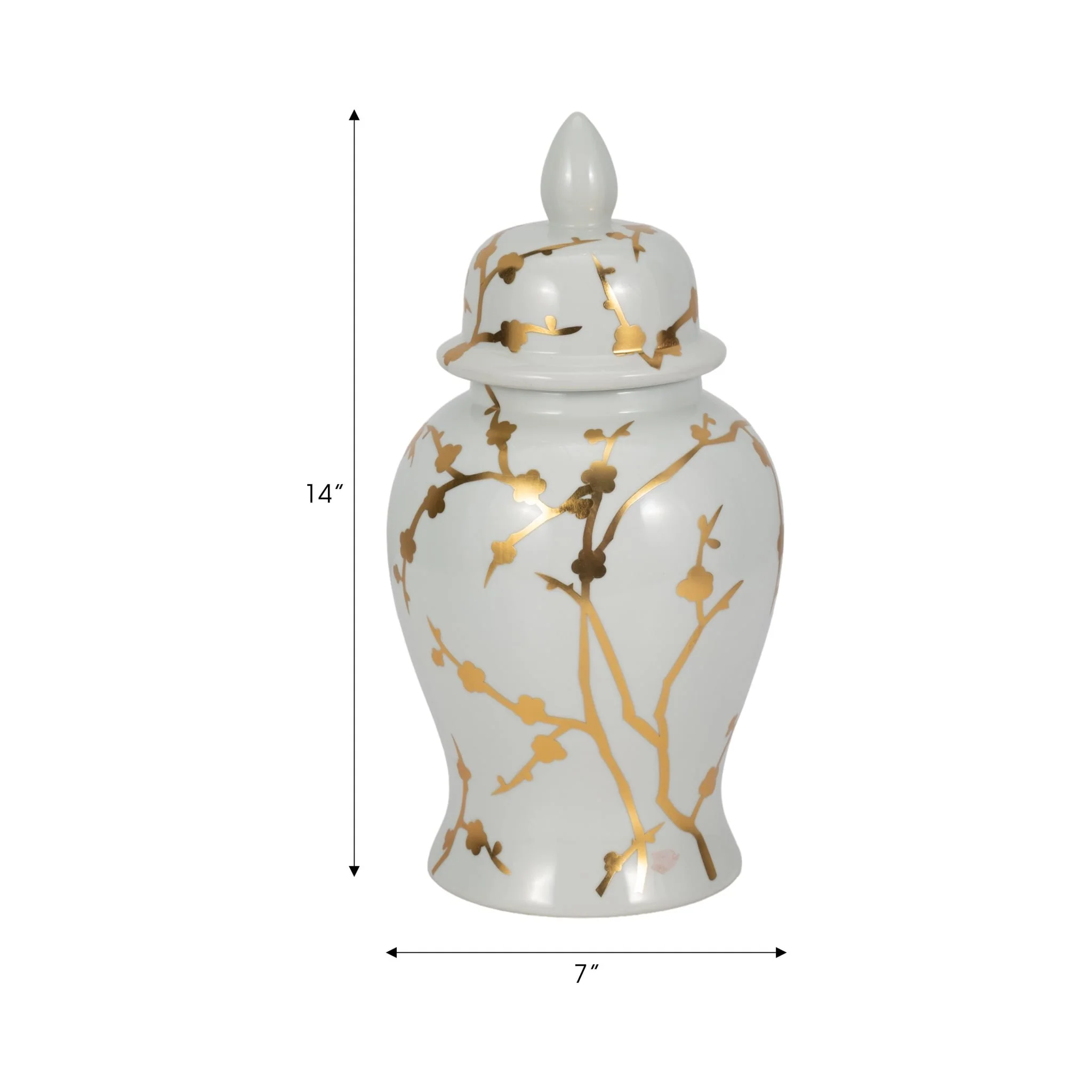 14" Gold Cherry Blossom Temple Jar, White - Image 8