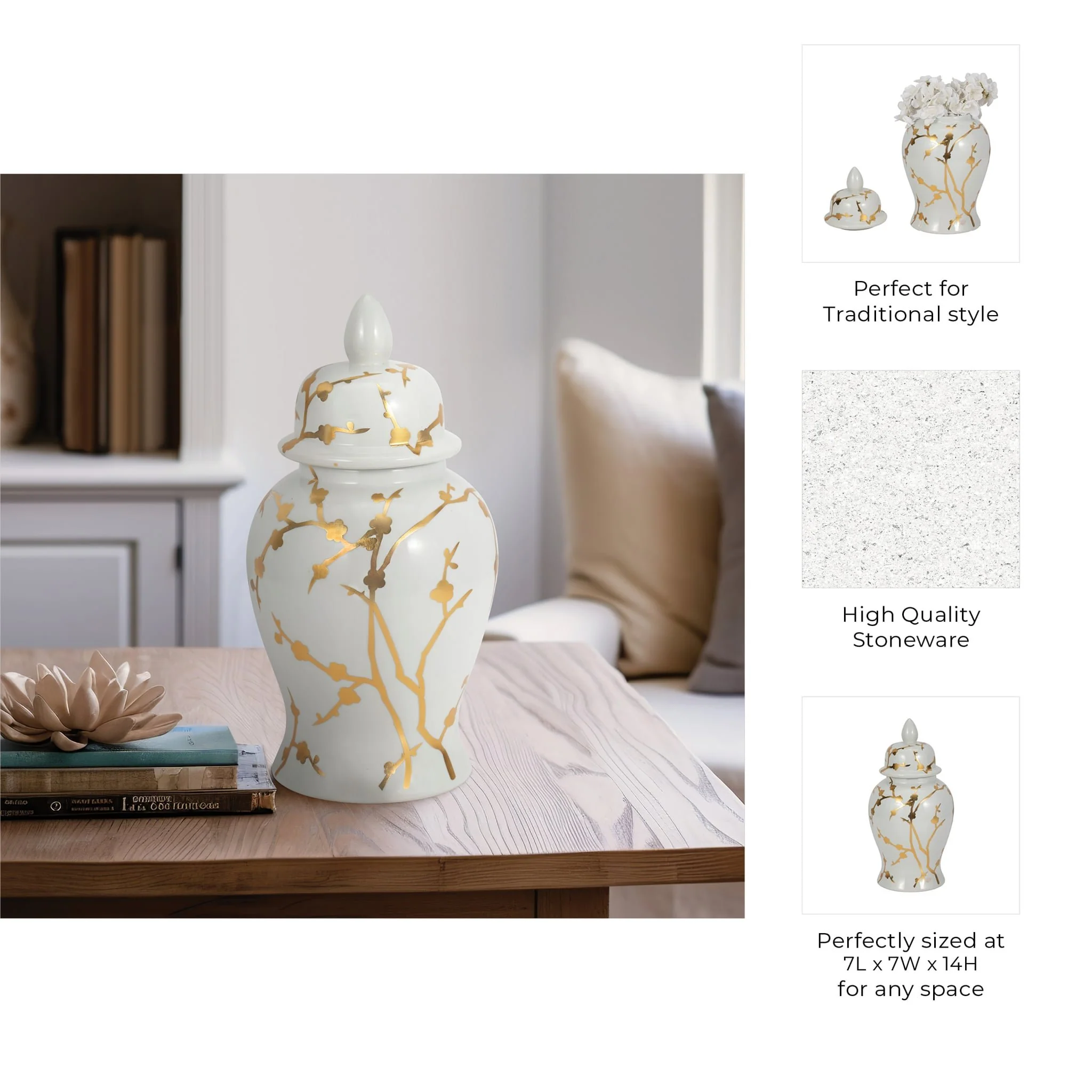 14" Gold Cherry Blossom Temple Jar, White - Image 9
