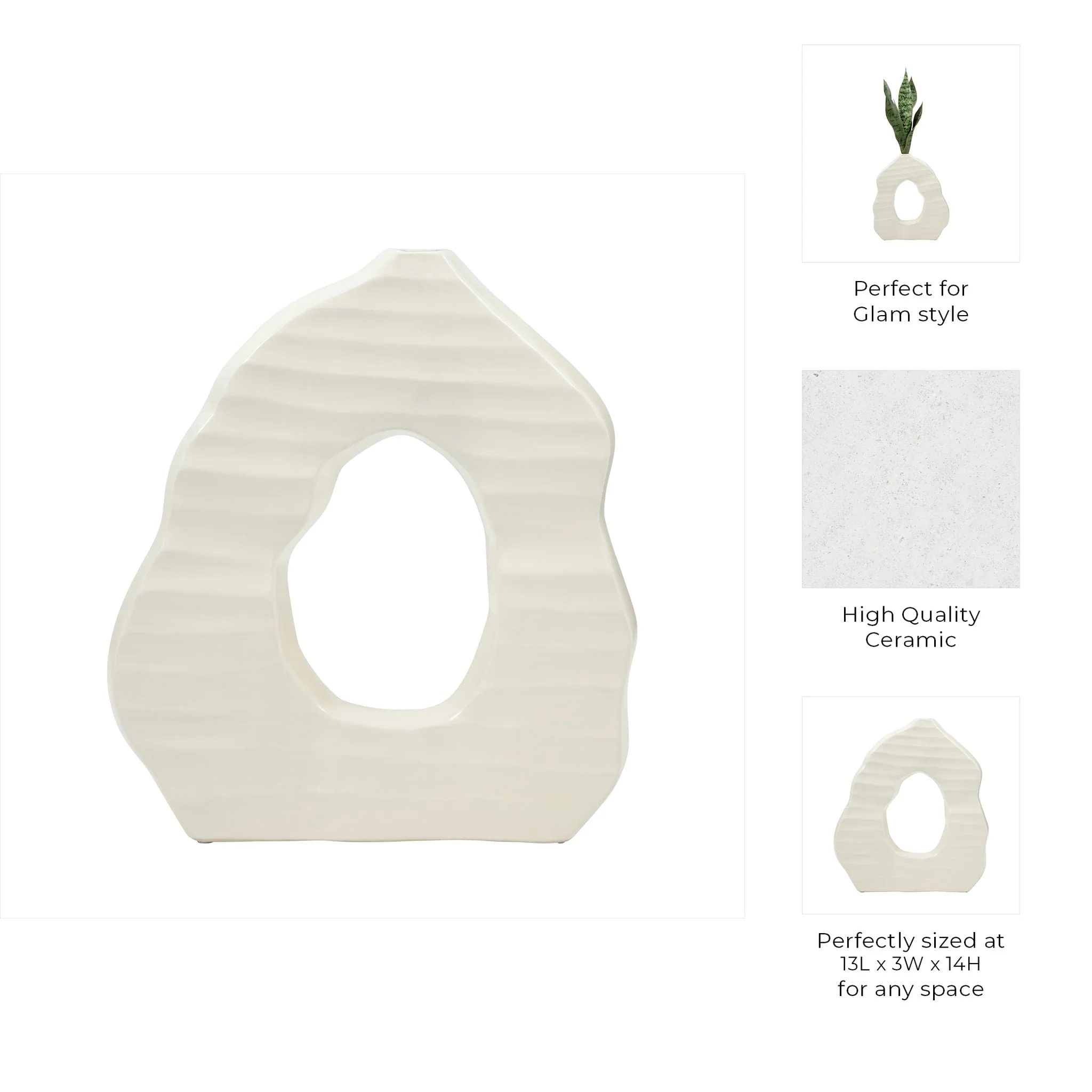14" Ribbed Open-cut Out Vase, Ivory - Image 9