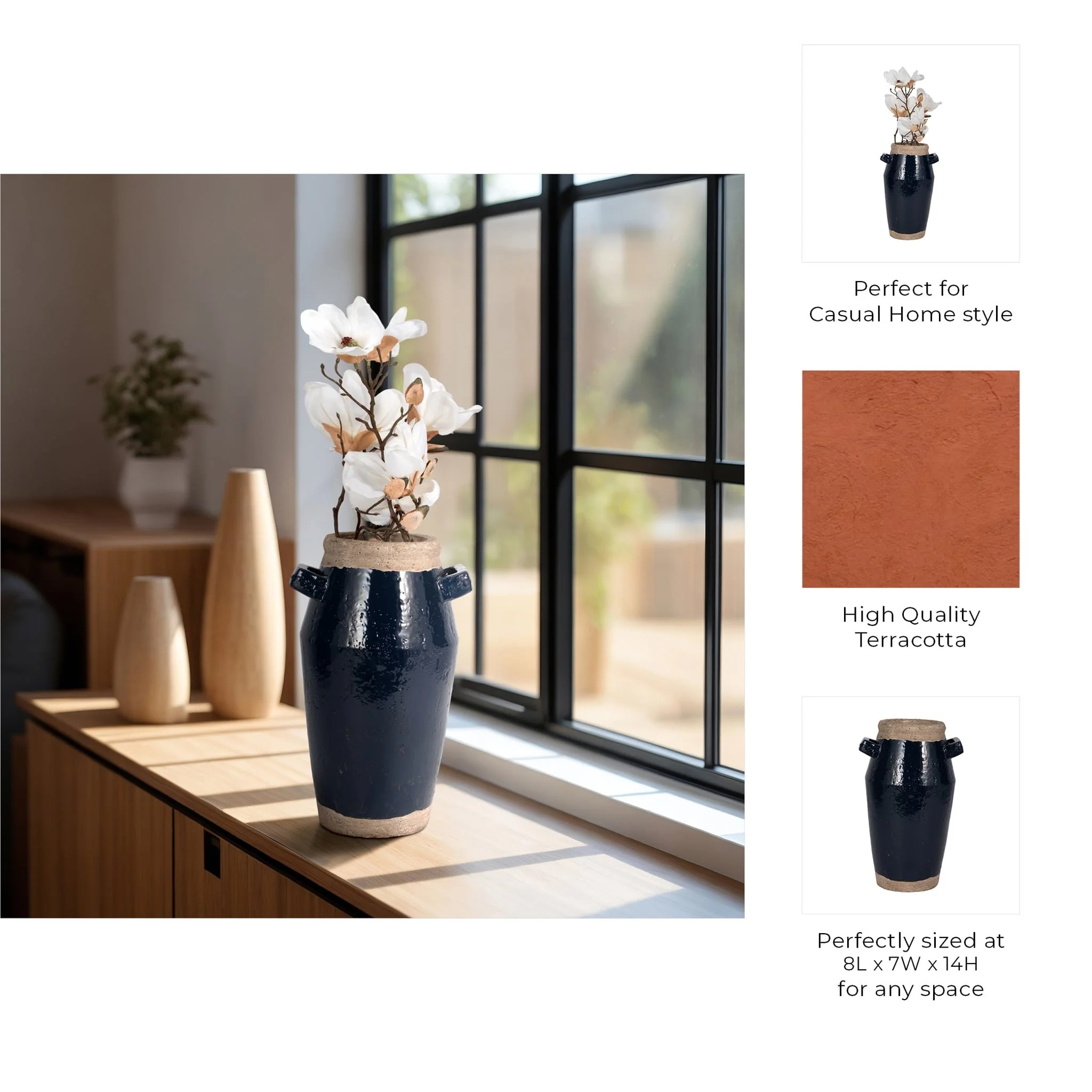 14" Squared Handle Vase, Navy/tan - Image 10