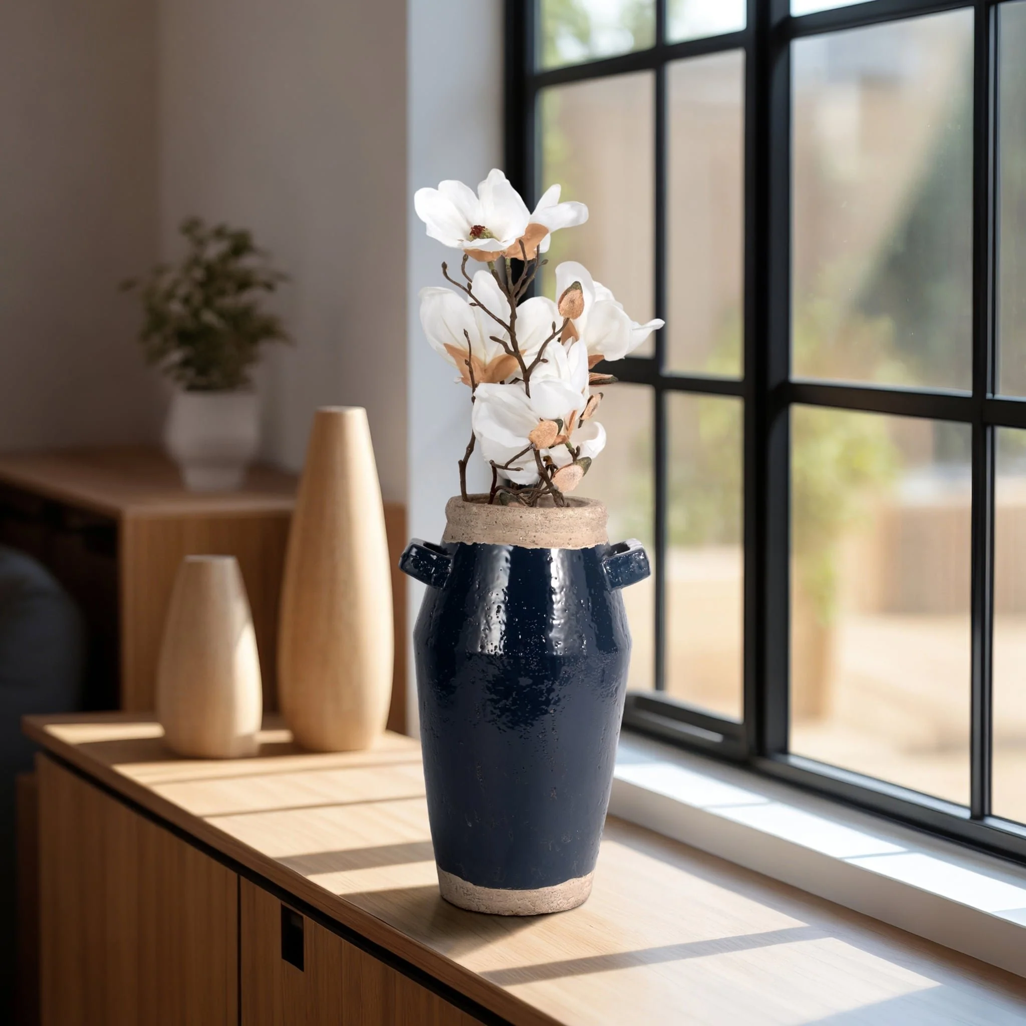14" Squared Handle Vase, Navy/tan - Image 11