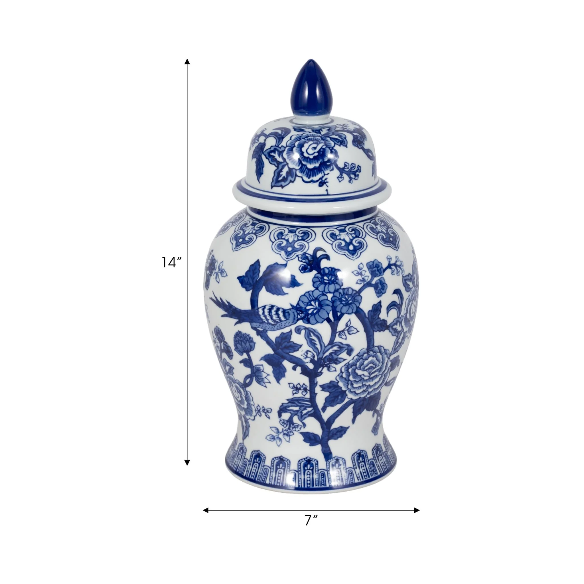 14" Temple Jar Bird/flower, Blue - Image 8