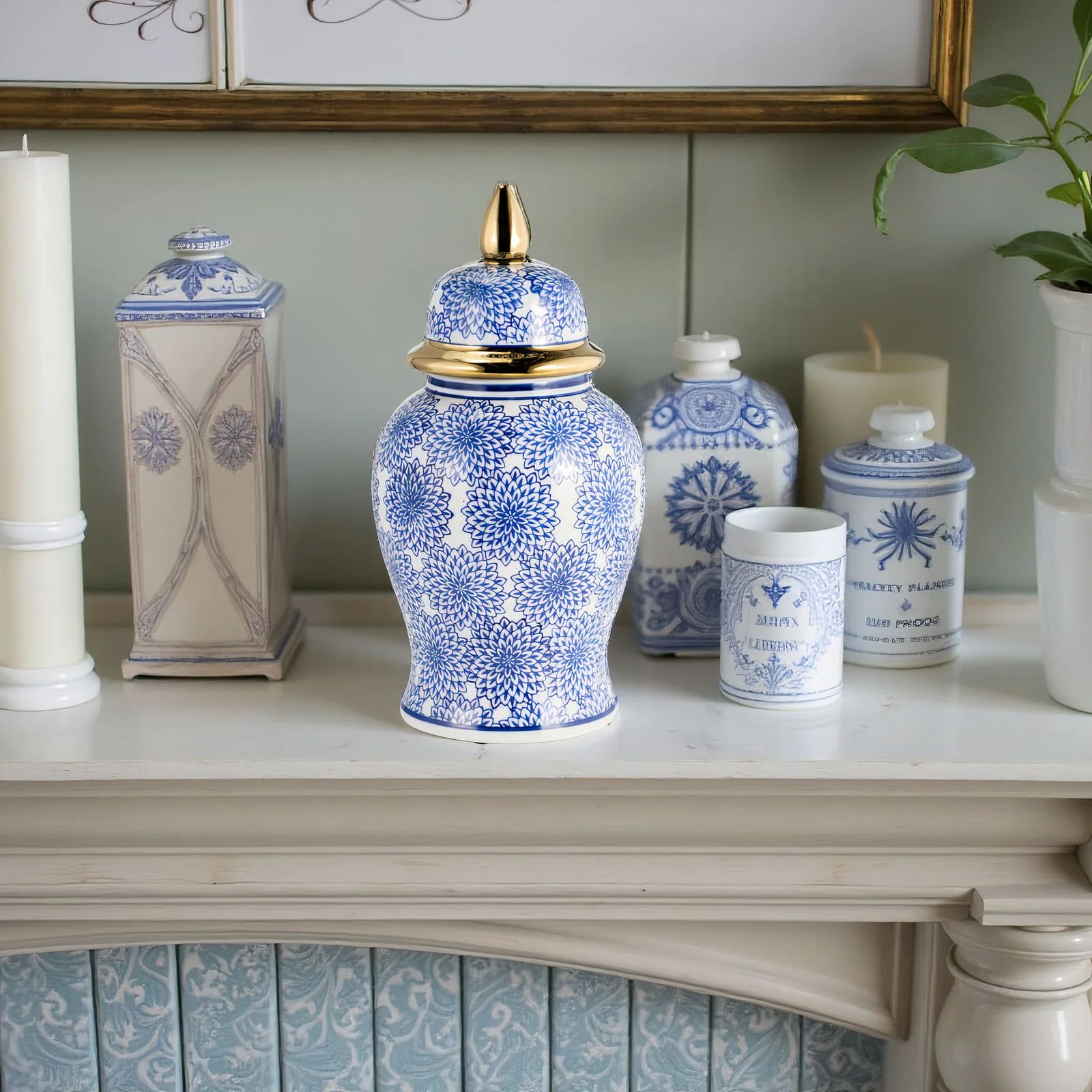 14" Temple Jar W/dalhia Flower,blue & White - Image 11