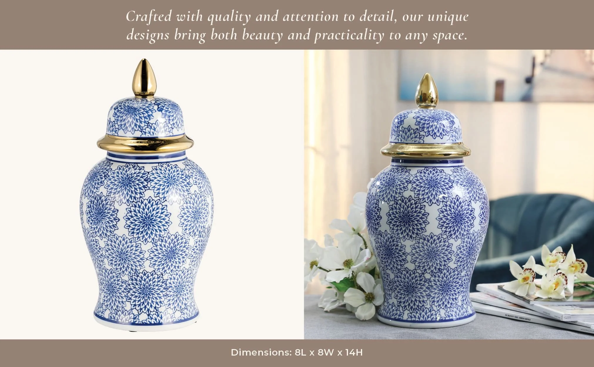 14" Temple Jar W/dalhia Flower,blue & White - Image 12