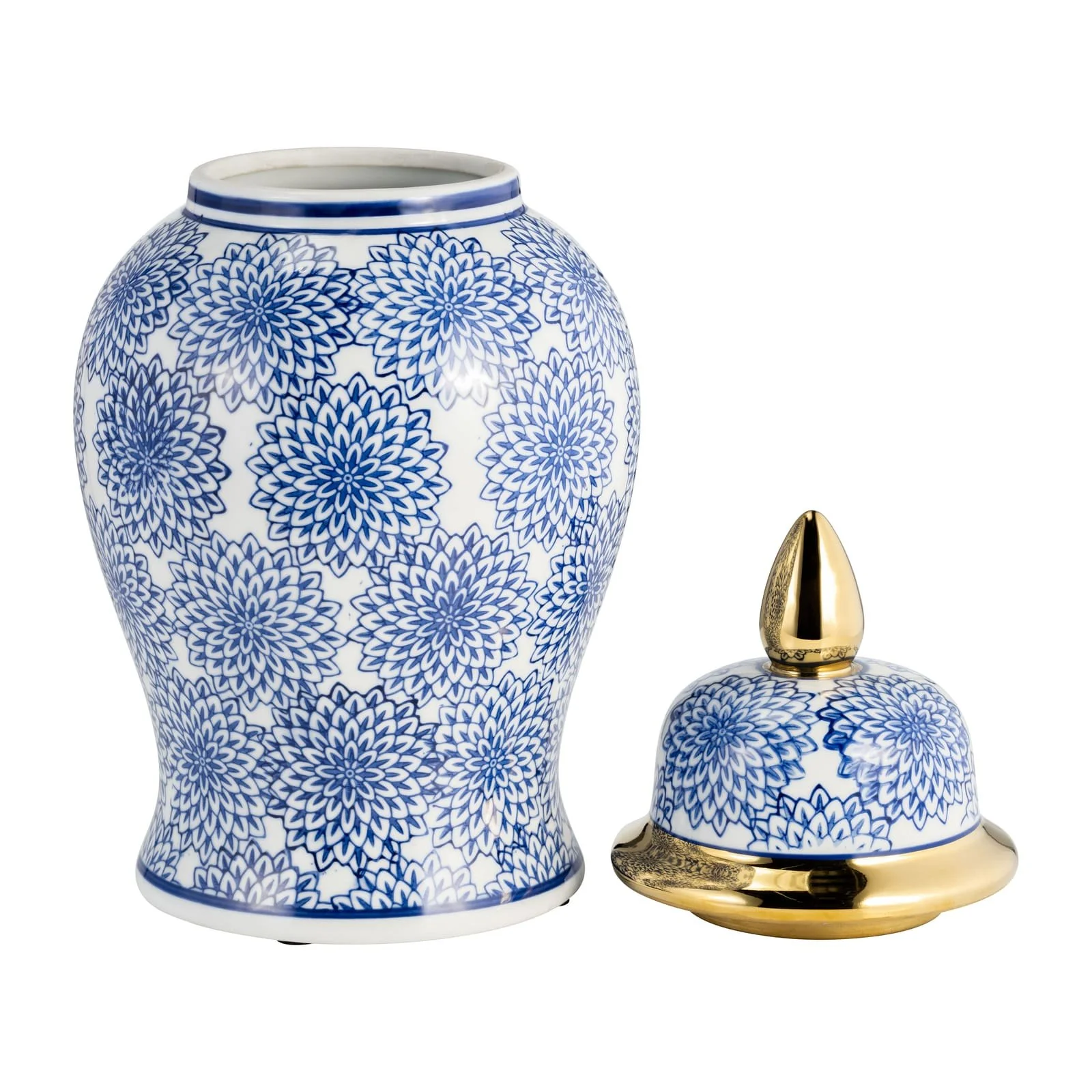 14" Temple Jar W/dalhia Flower,blue & White - Image 2