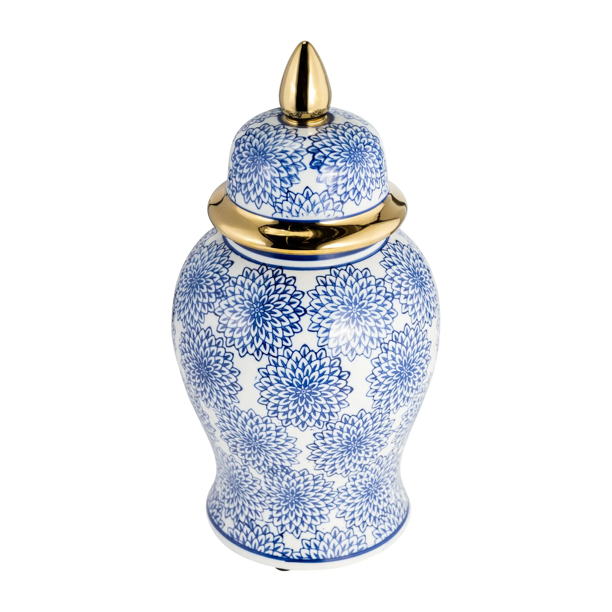 14" Temple Jar W/dalhia Flower,blue & White - Image 3