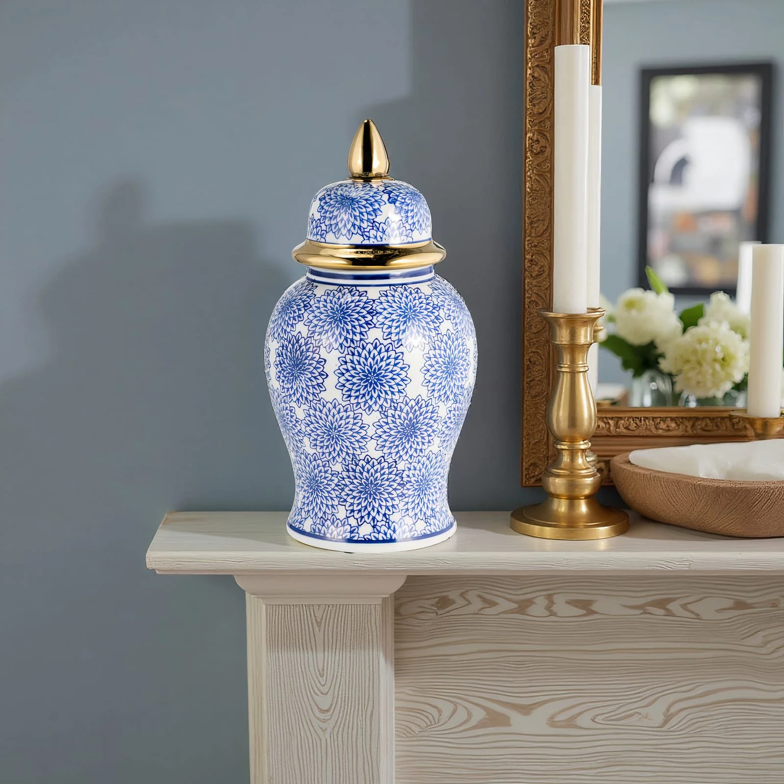 14" Temple Jar W/dalhia Flower,blue & White - Image 9