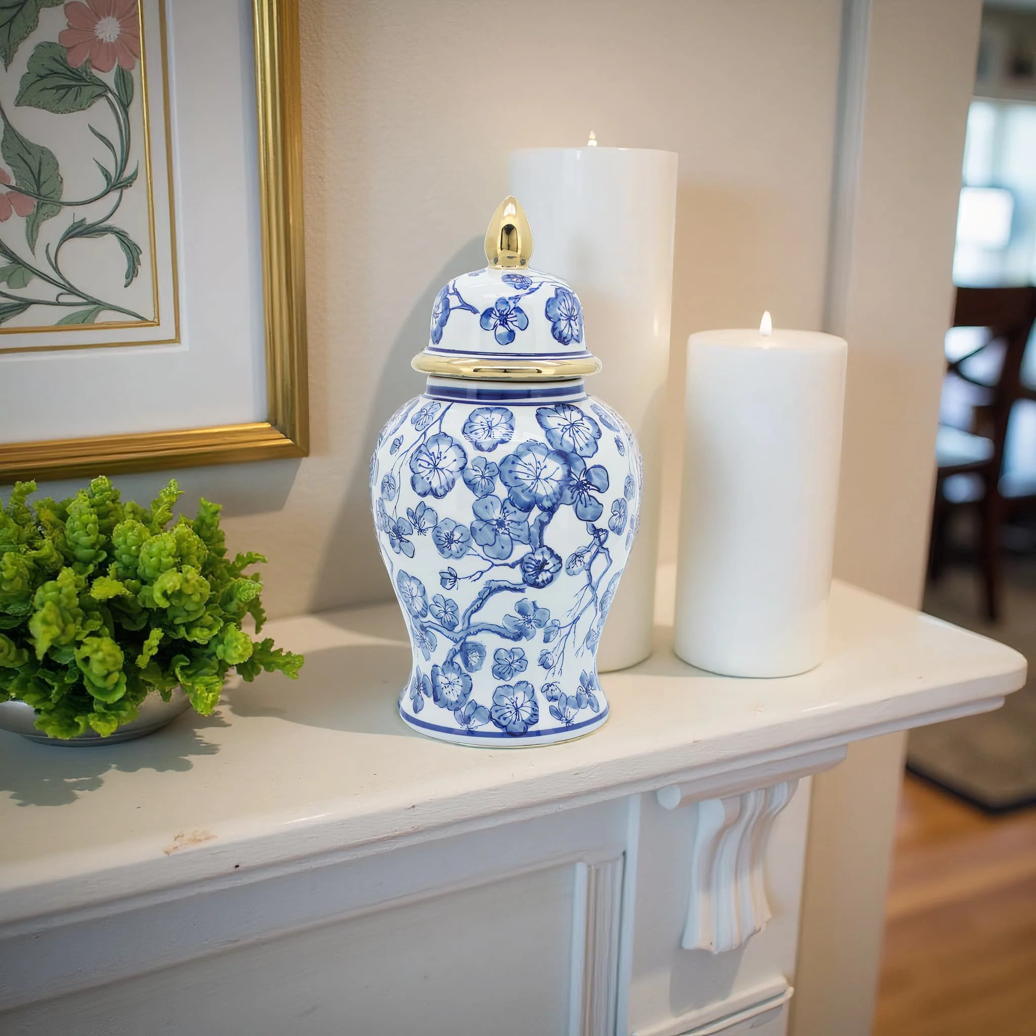 14" Temple Jar W/ Hibiscus, Blue & White - Image 11