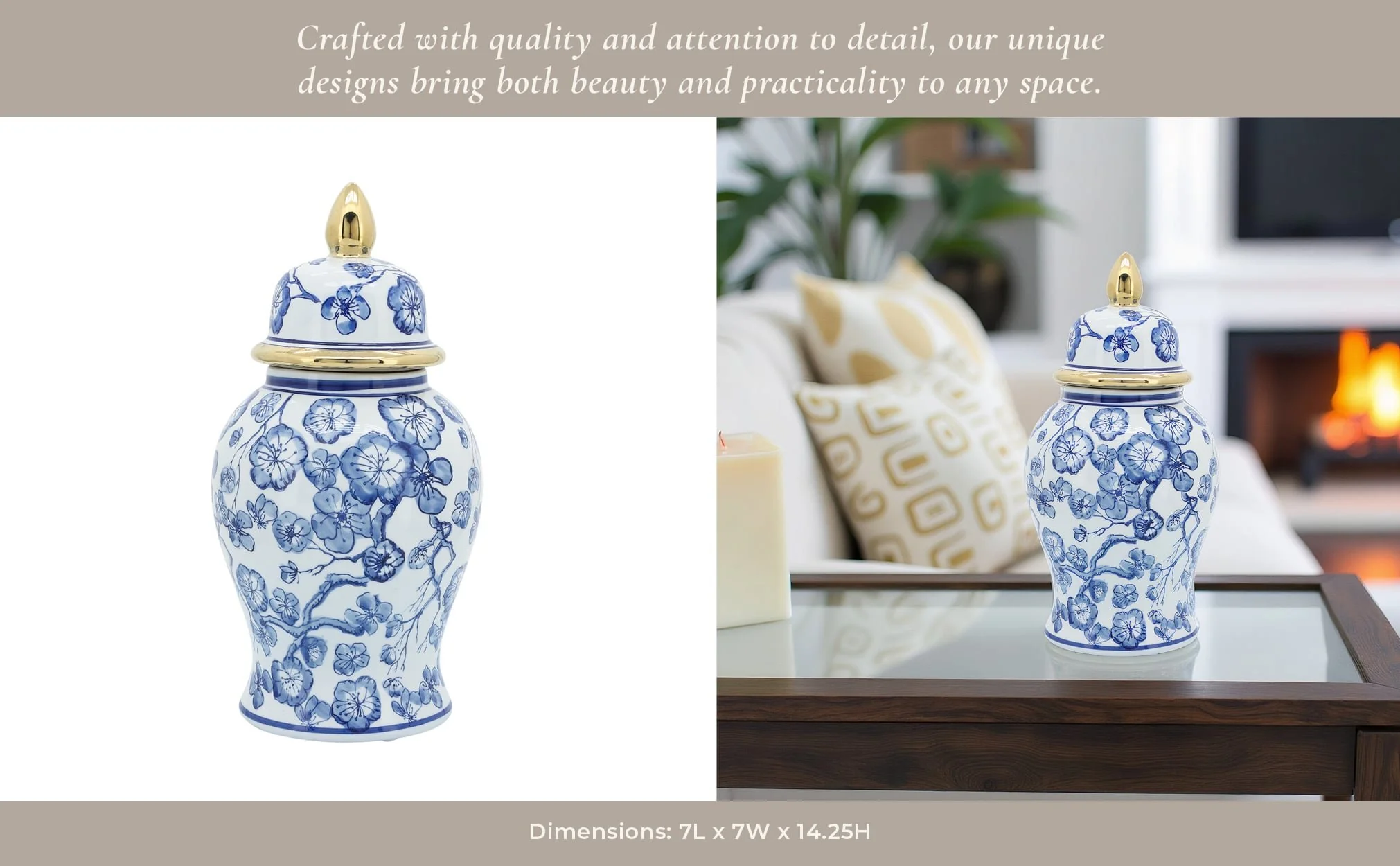 14" Temple Jar W/ Hibiscus, Blue & White - Image 12