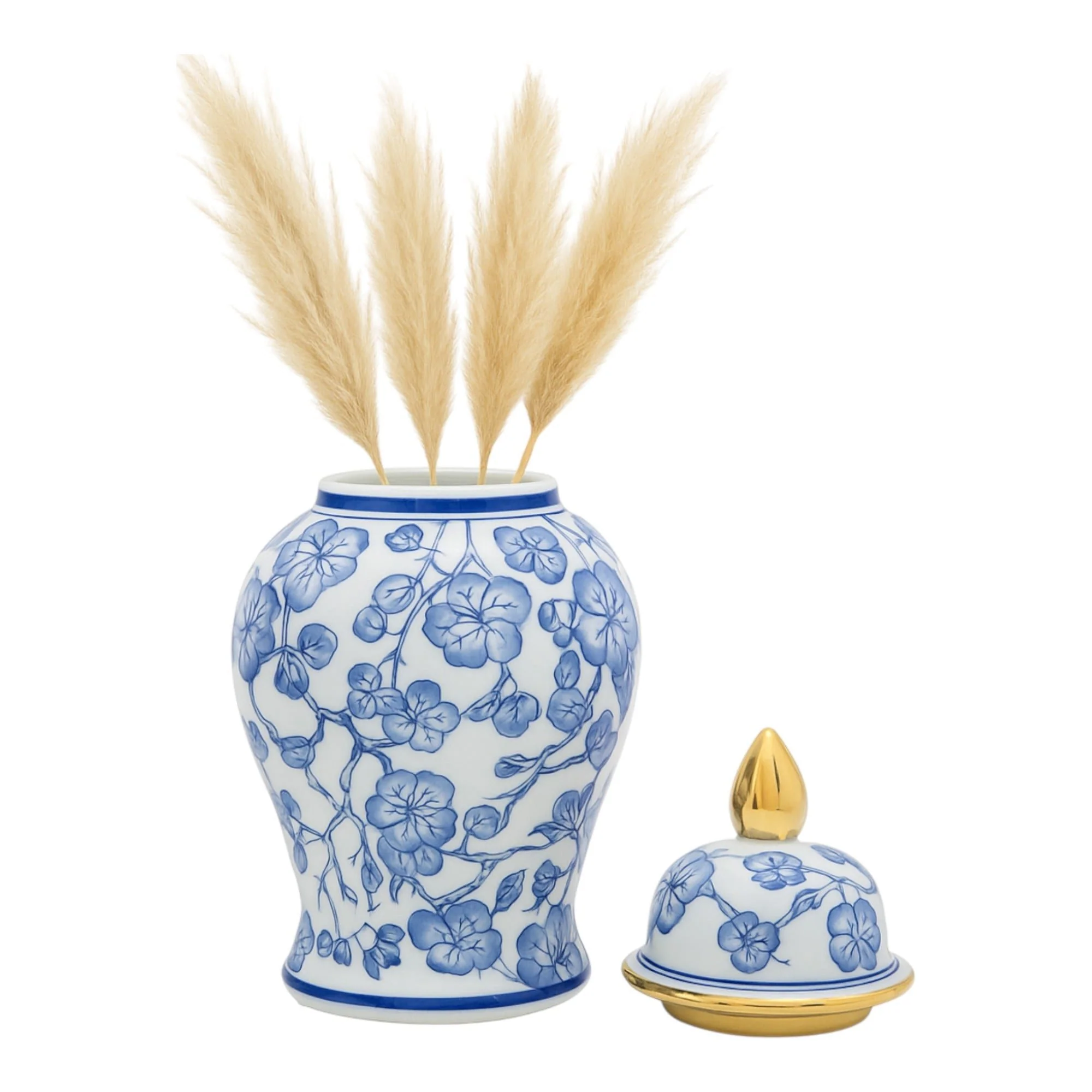14" Temple Jar W/ Hibiscus, Blue & White - Image 2
