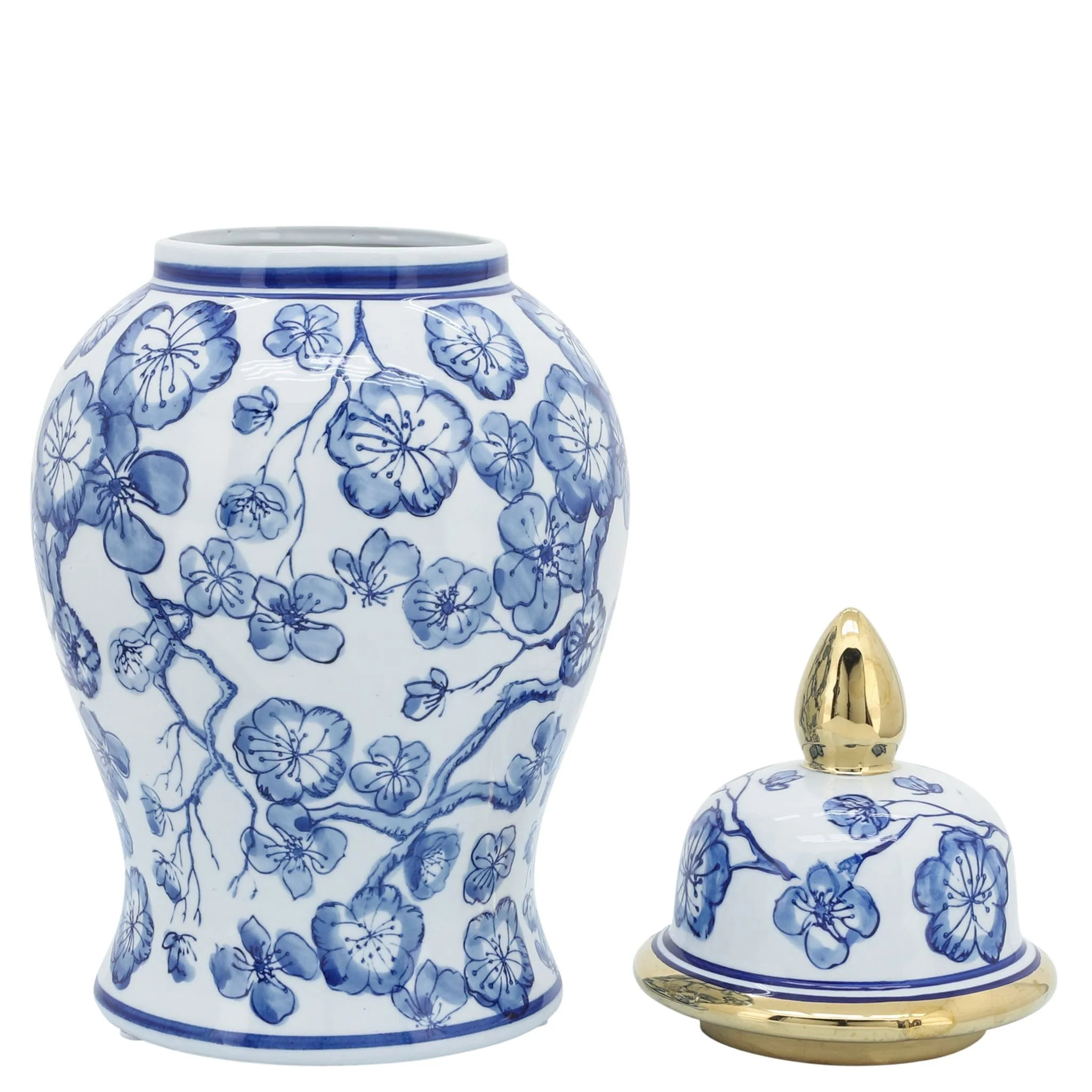 14" Temple Jar W/ Hibiscus, Blue & White - Image 3