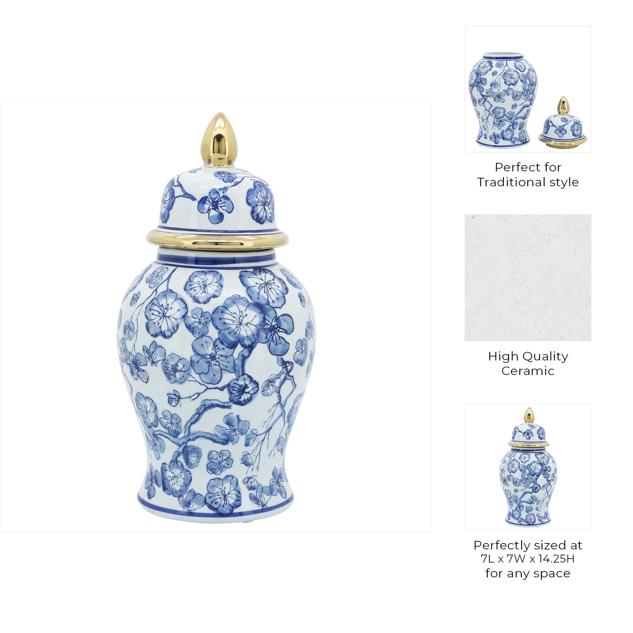 14" Temple Jar W/ Hibiscus, Blue & White - Image 8