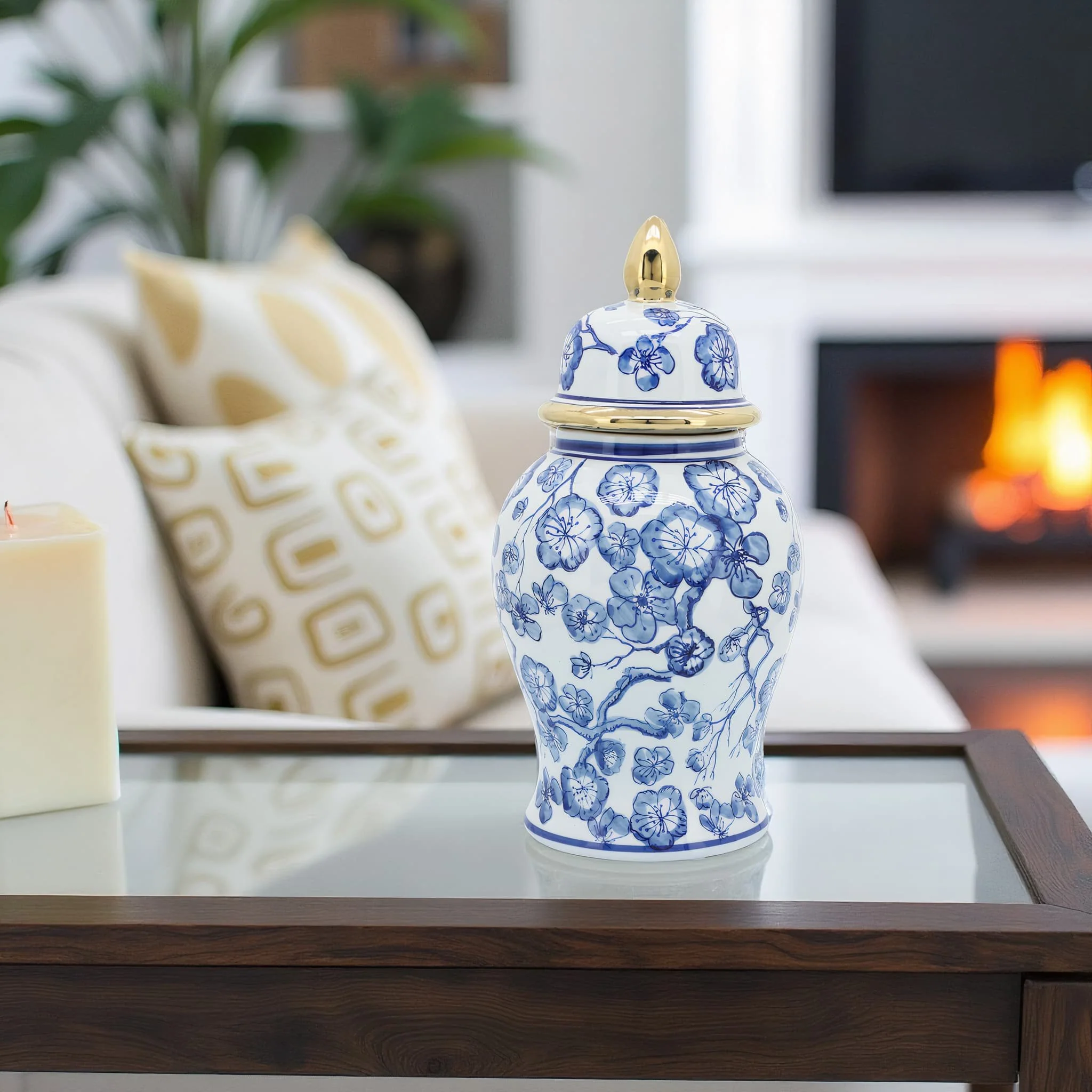 14" Temple Jar W/ Hibiscus, Blue & White - Image 9