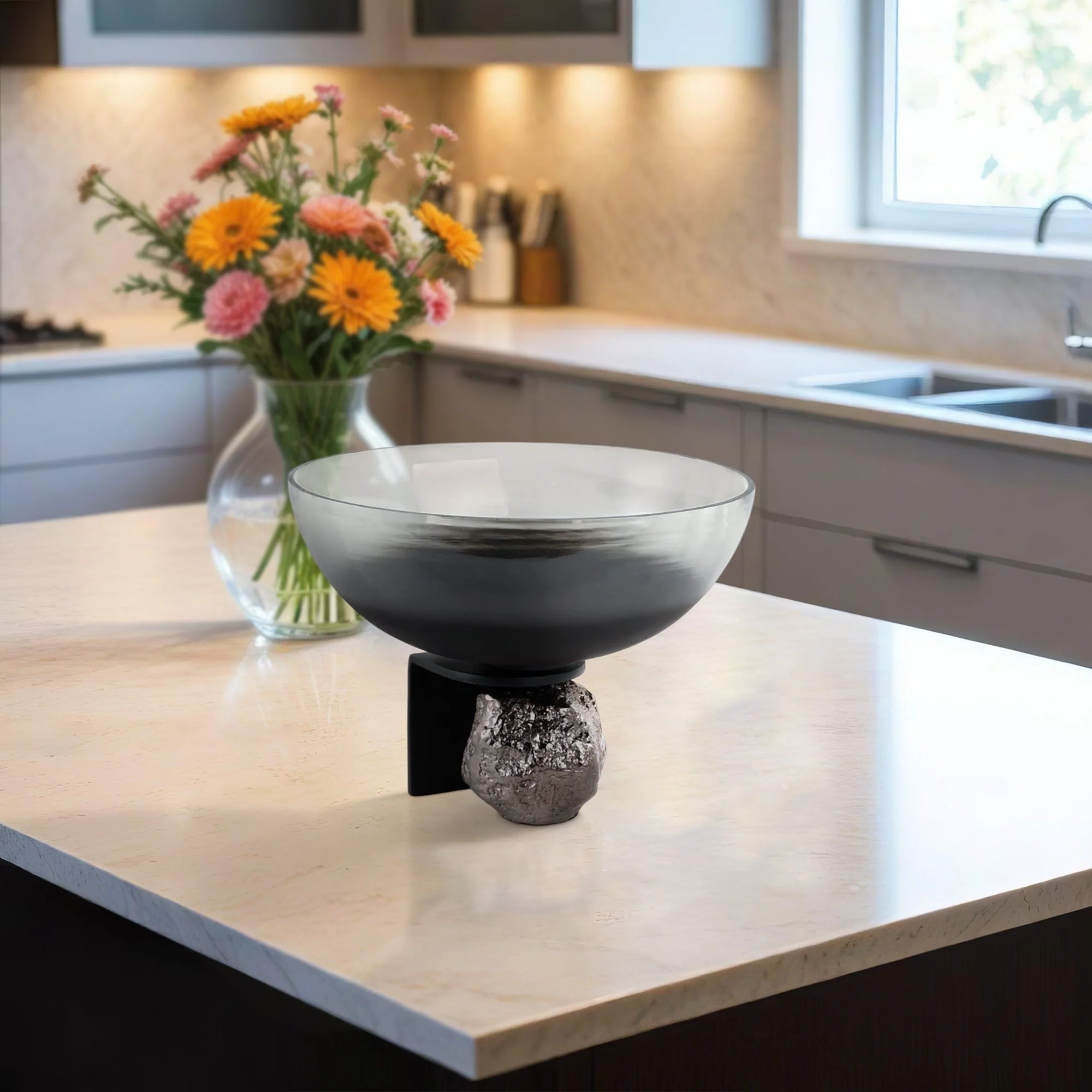 14x11" Glass Bowl On Rock Pedestal, Black/silver - Image 10