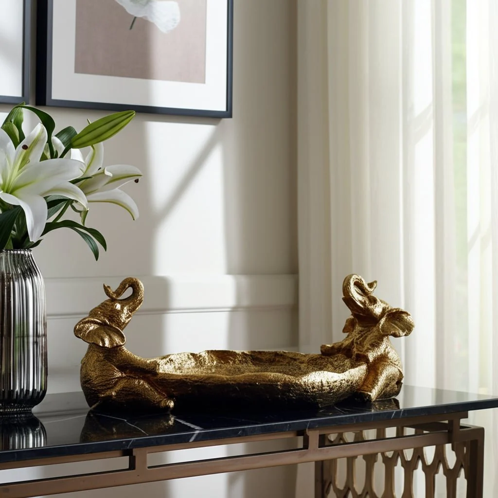 14x6" 2 Elephants Holding Bowl, Gold - Image 10
