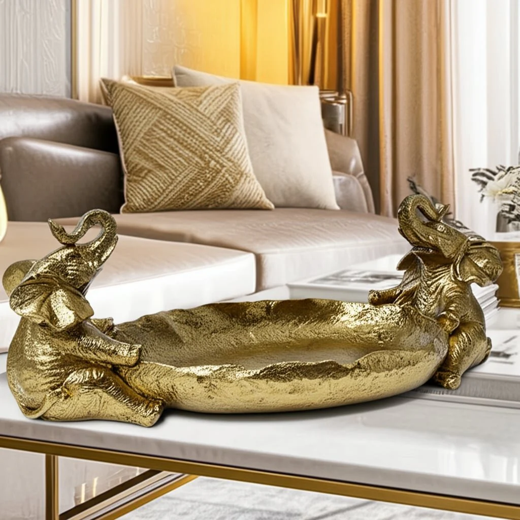 14x6" 2 Elephants Holding Bowl, Gold - Image 11
