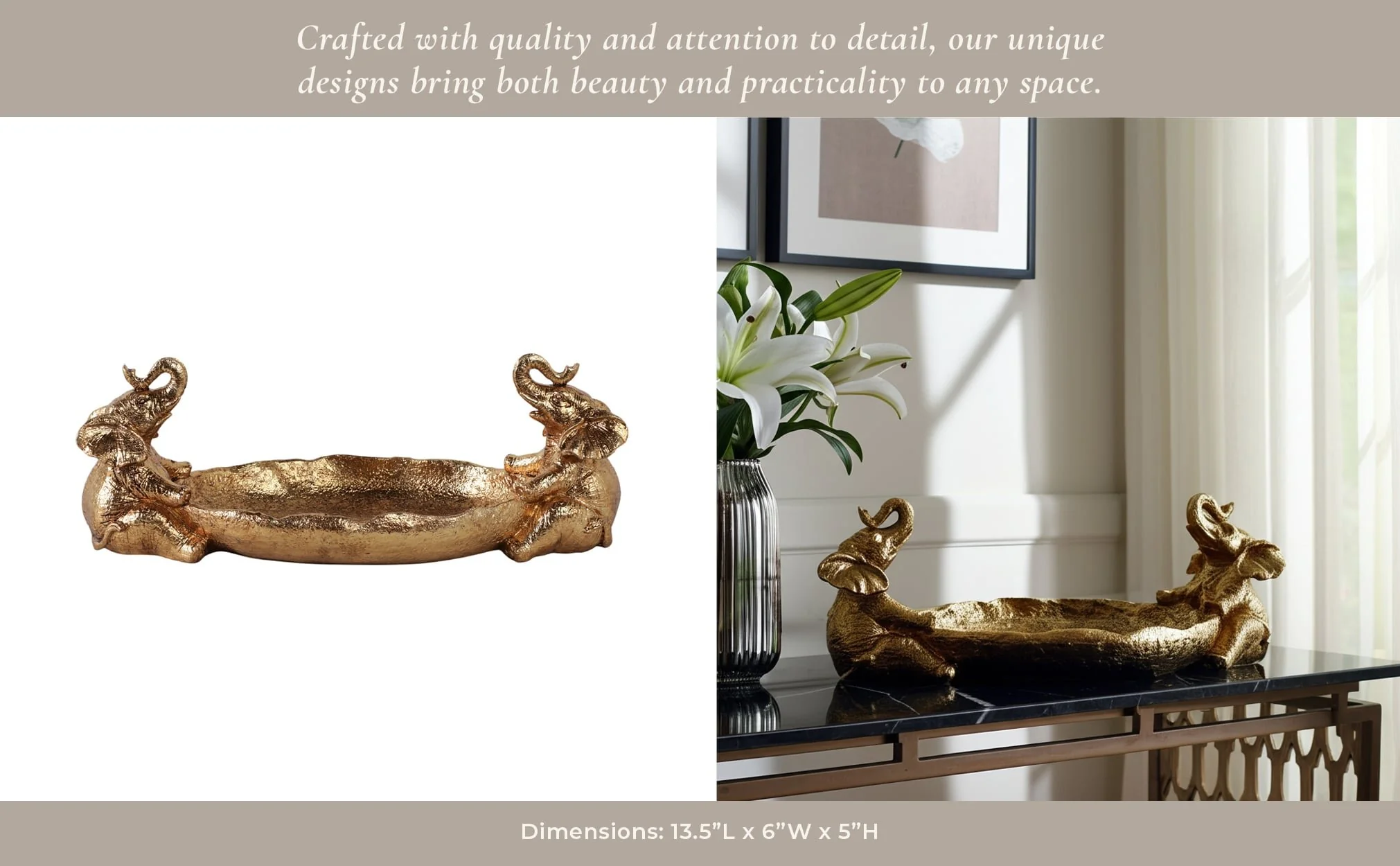 14x6" 2 Elephants Holding Bowl, Gold - Image 12