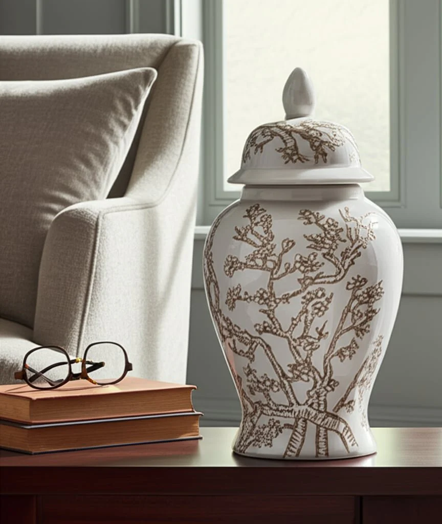14x7" Cherry Blossom Temple Jar, White/ Brown - Image 13
